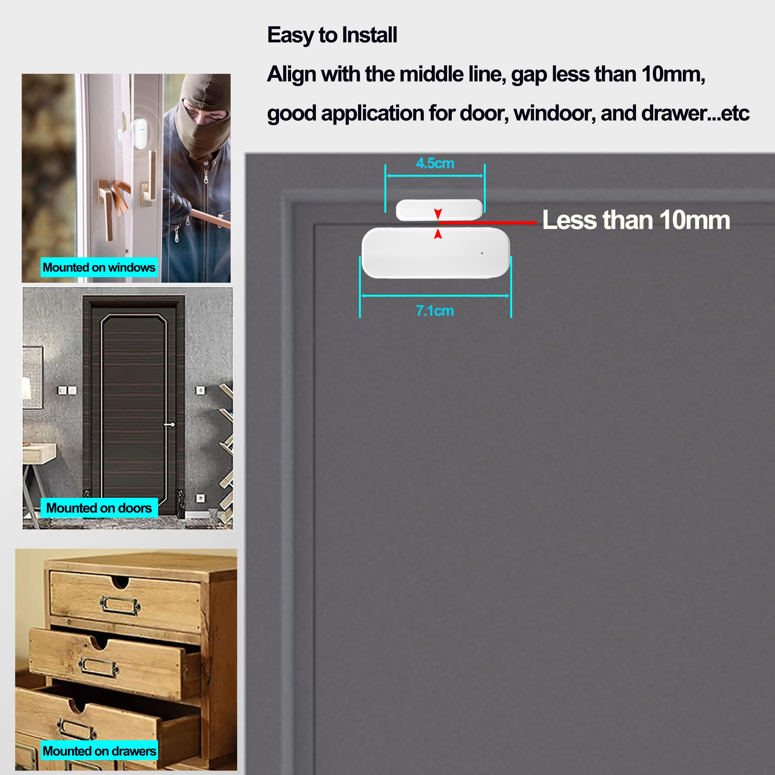 Tuya intelligenter Tür-/Fenster Sensor, kabelloser Fenstersensor, Echtzeit-Alarm, kompatibel mit Alexa Google Assistant, Sicherheitstür, offener Kontaktsensor für Geschäftseinbrecheralarm (4 Stück)