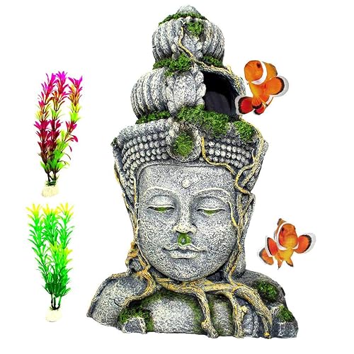 PINVNBY Aquarium Buddha Head Statue Decorations,Fish Tank Resin Large Buddha