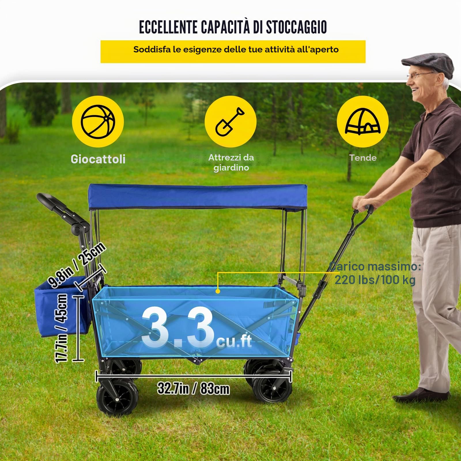 VEVOR Carrello Pieghevole Blu Impermeabile con Tetto da 98,7x54,3x98,5 cm, Carello Portatile con Baldachino Pieghevole capacità 100 kg, Rimorchio per la Spesa Adatto per Traslocchi, Campeggi e Viaggi