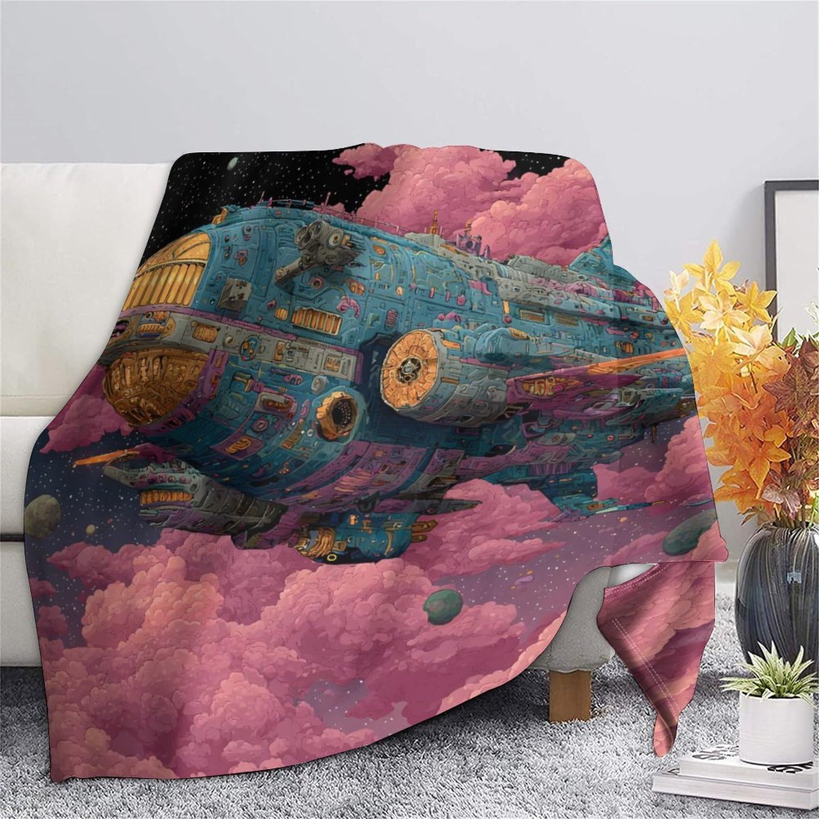 3D Gedruckte Weltraum Galaxie Nebel Sci-Fi Thema Flanell Kuscheldecke, Weltraum Erkundungsschiff Weiche Tagesdecke Für Sofa Bett, 70x80inch(180x200cm)