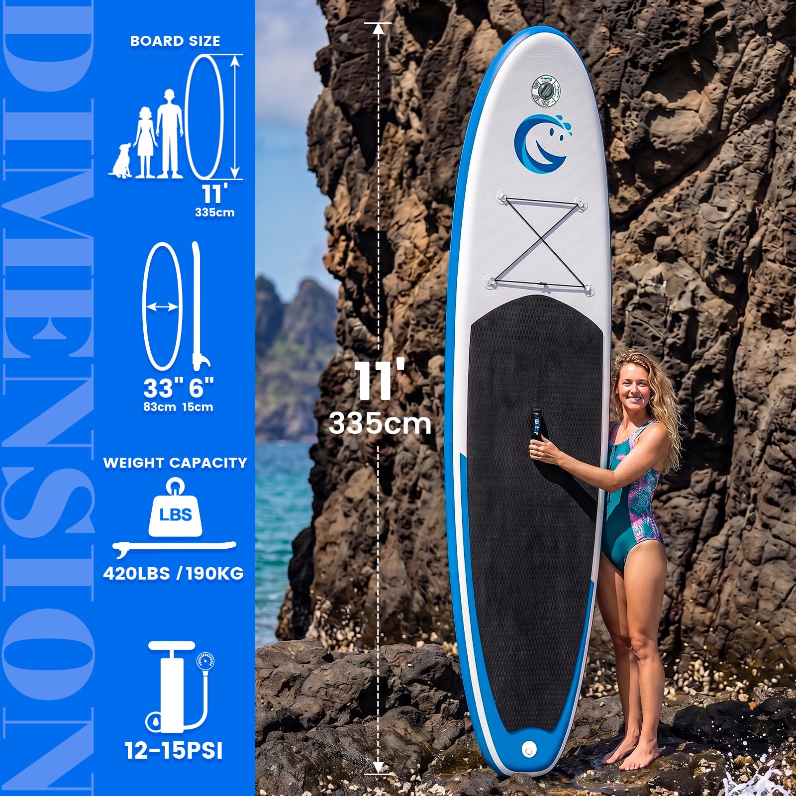 FunWater Planche Sup Gonflable Tous Niveaux Idéale Débutants et Famille Plateforme Anti Dérapante EVA Pack Complet avec Pagaie Réglable Pompe et Accessoires