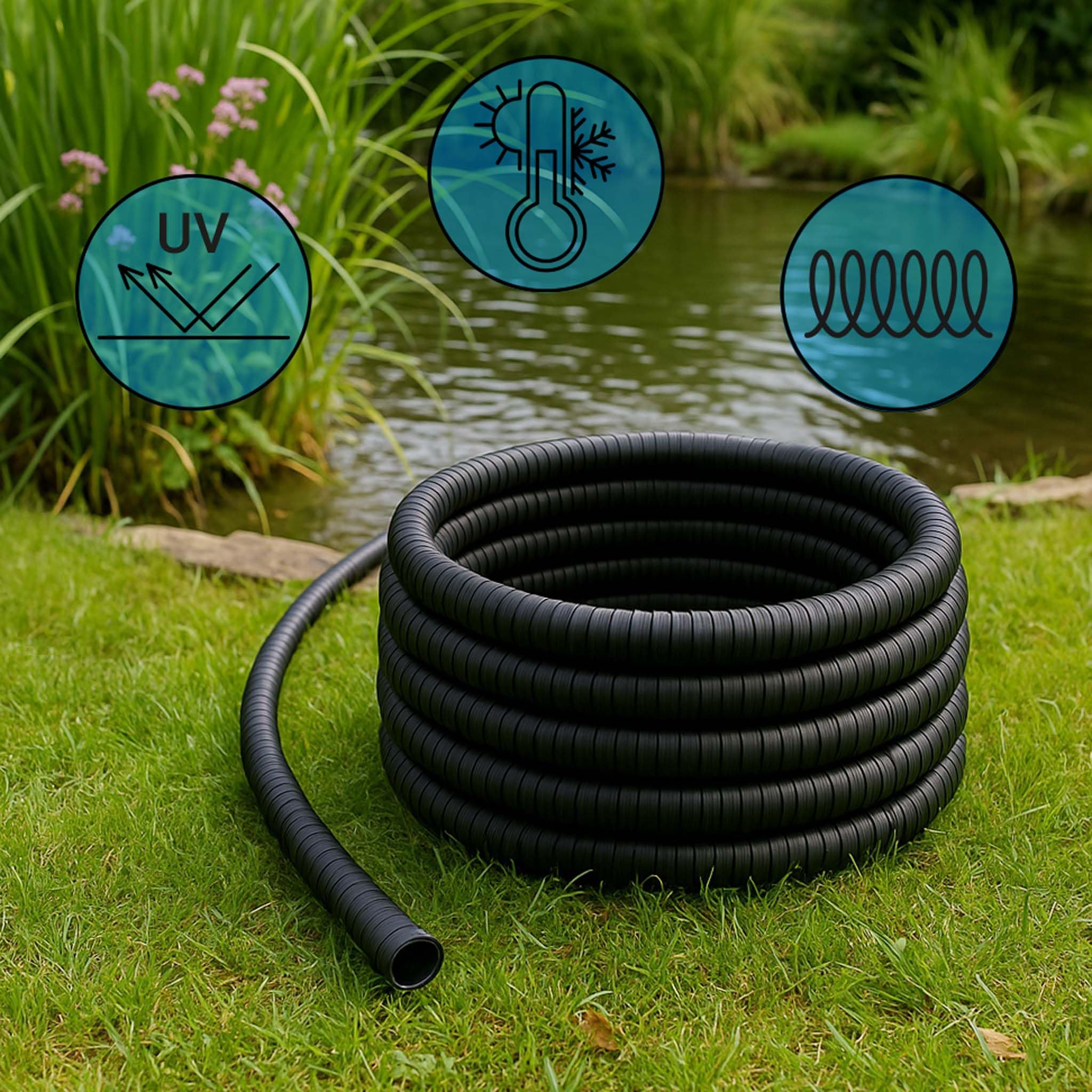 Wiltec Teichschlauch 25m Spiralschlauch 50 mm (2") schwarz lichtundurchlässig Saugschlauch Druckschlauch