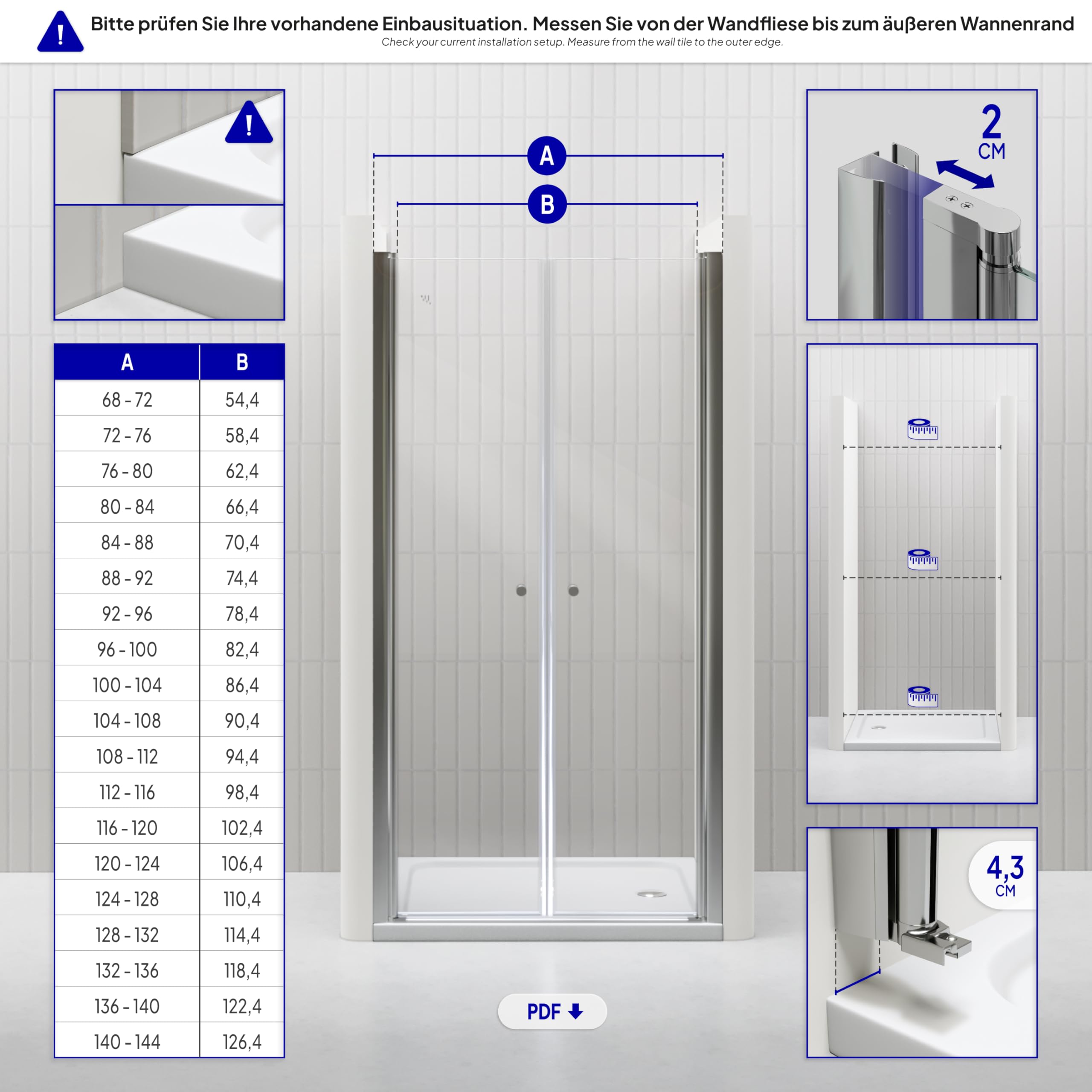 i-flair 98 cm – zakres regulacji od 96 – 100 cm, wysokość: 185 cm, drzwi prysznicowe z 6 mm szkła bezpiecznego z nanopowłoką