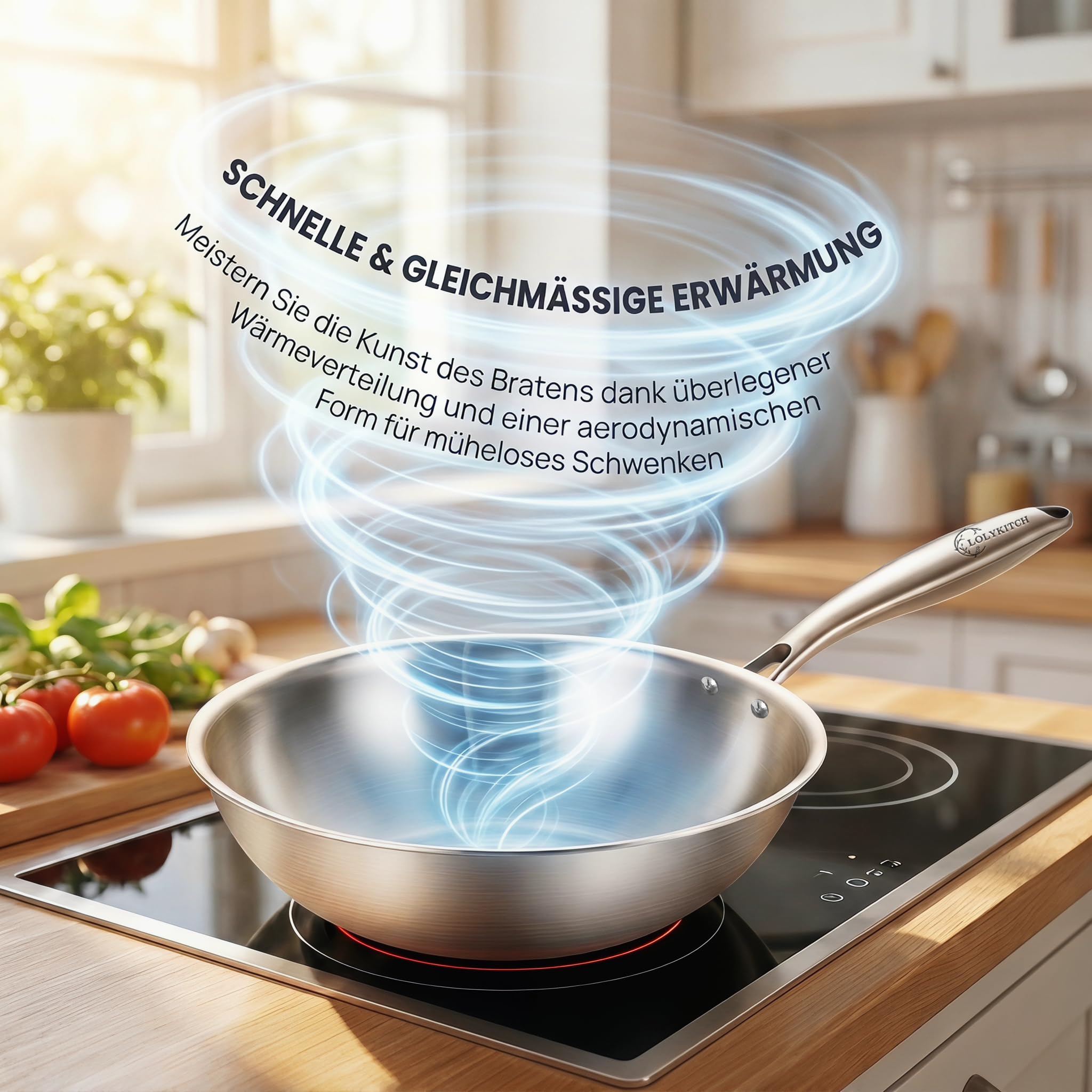 LOLYKITCH Wok 26 cm, unbeschichtete Edelstahl-Wokpfanne mit Glasdeckel