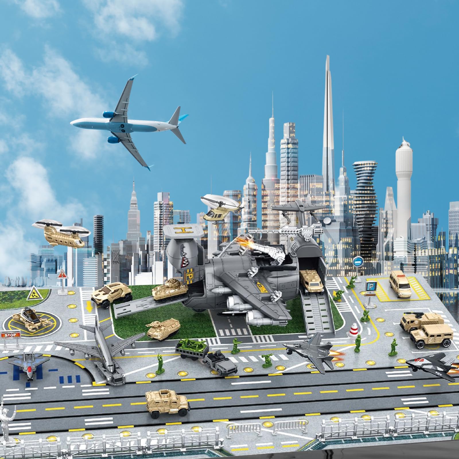 Set di Giocattoli Aereo da Trasporto Cargo Militare, Auto, mini veicolo da combattimento, soldato, elicottero, modello di aereo, Kit giocattolo per veicoli militari, mappa di gioco per bambini età 3+