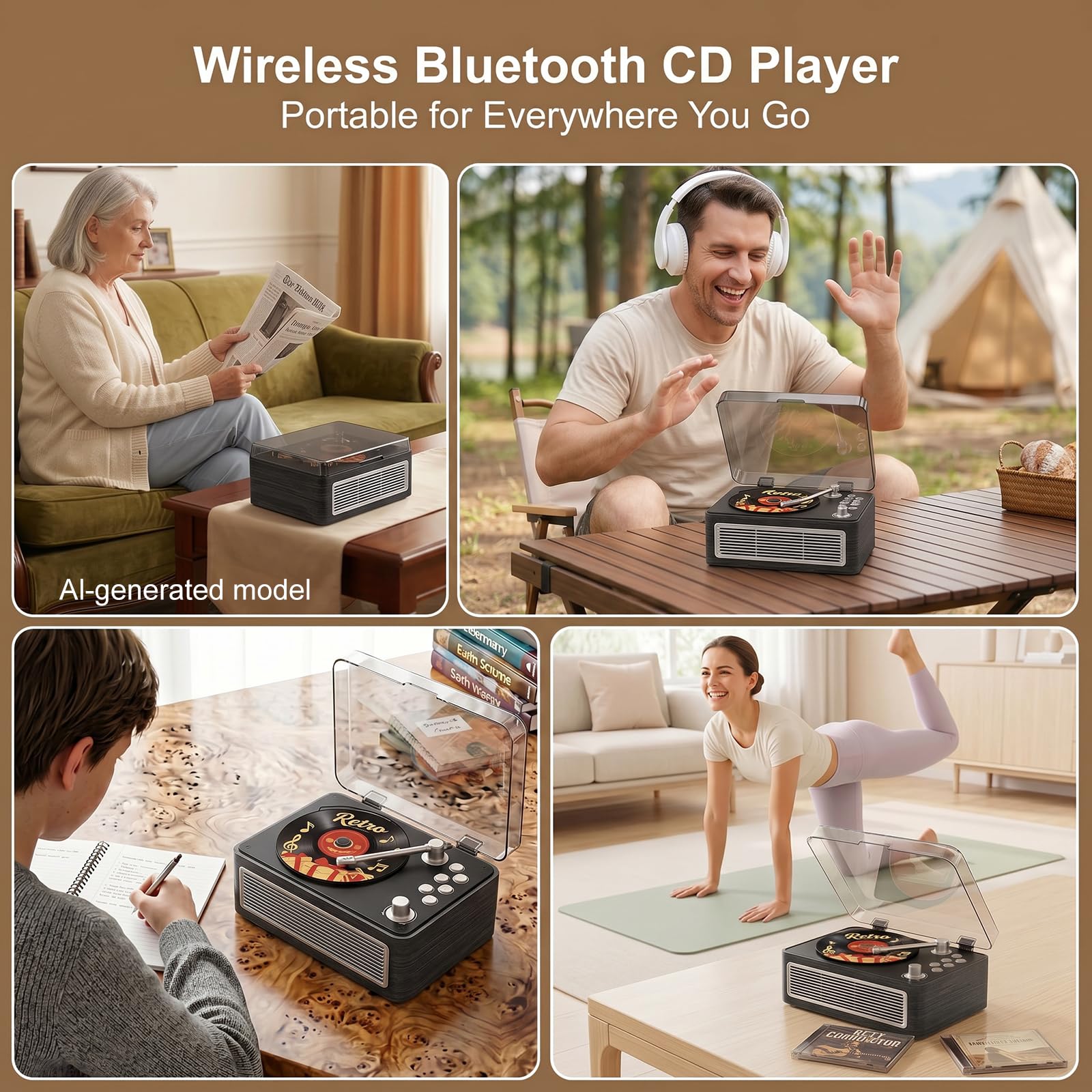 Gueray Reproductor de CD portátil con Bluetooth y Altavoces y Radio Ébano