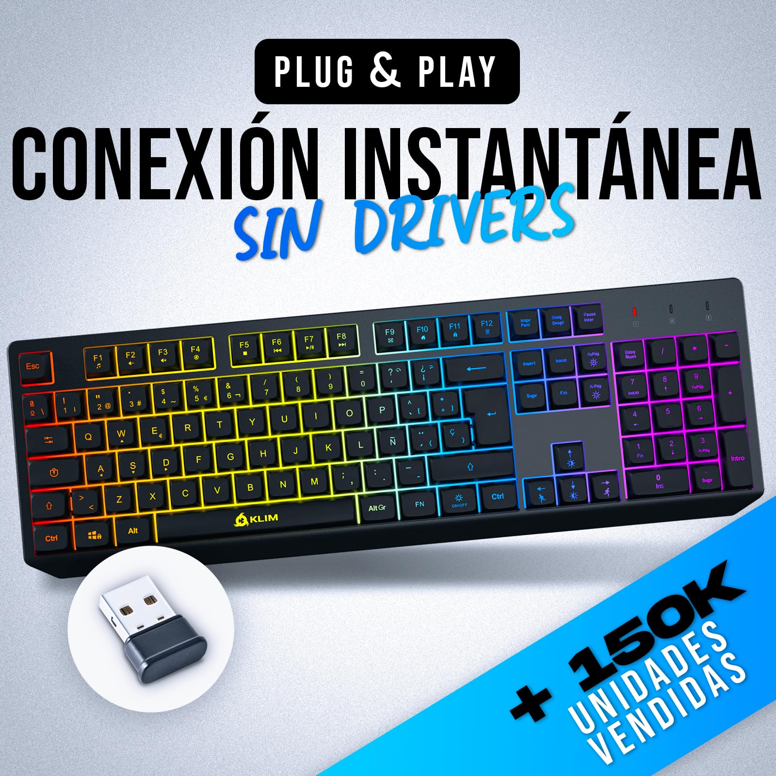 KLIM™ Chroma Spain Tastiera Gamers QWERTY Wireless - Ad alte prestazioni - Tastiera senza fili illuminata Cromatica Gaming Nero RGB PC Windows Mac PS4 Xbox One [ Nuova Versione]