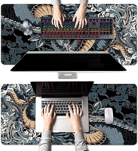 Miniatura 4 de Alfombrilla de mouse grande extendida para juegos con bordes cosidos, alfombrilla de escritorio de luna llena de montaña azul para computadora,