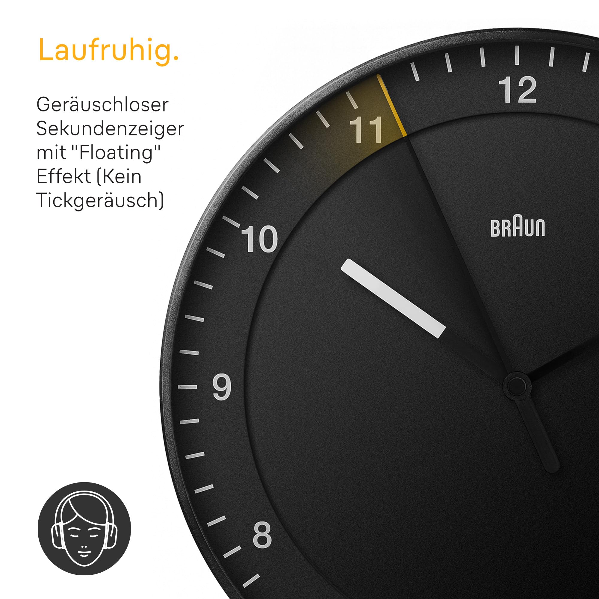 Braun klassisch große analoge Wanduhr mit leisem Uhrwerk, Einfach zu lesendes Zifferblatt, 30cm Durchmesser in schwarz, Modell: BC17B