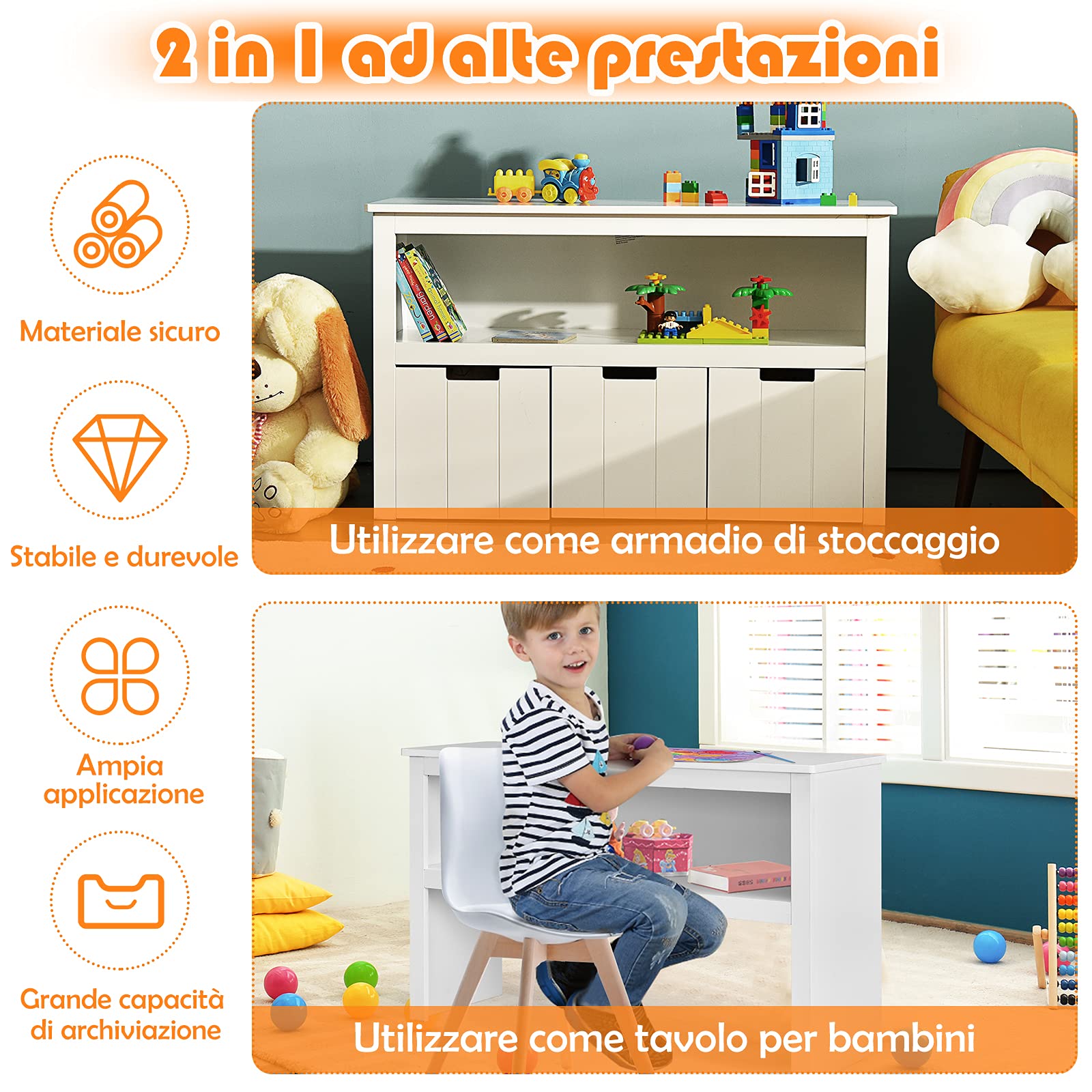 COSTWAY Armadio con 3 Cassetti, Scaffale di Legno con Ruote e Cubi per Giocattoli dei Bambini, Ampio Spazio, Organizer Durevole per Salone Camera da letto Camera dei bambini (Bianco)
