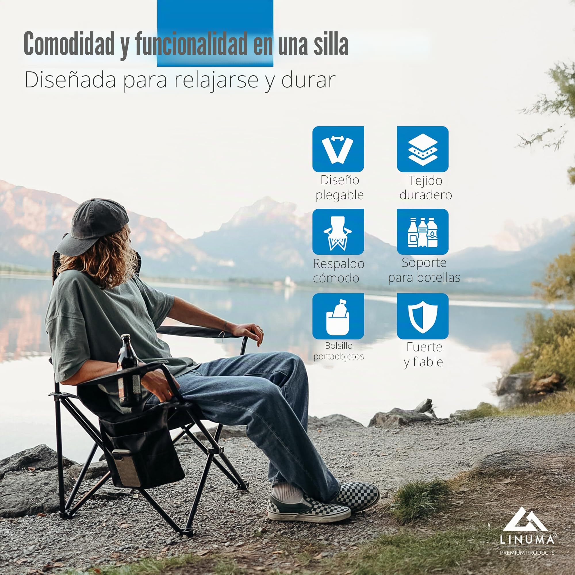 Silla de Camping de Lujo Plegable Color Negro con Soporte para Bebidas y Bolsa de Transporte – Silla Resistente y cómoda de Aluminio para Camping, Pesca, jardín y Playa