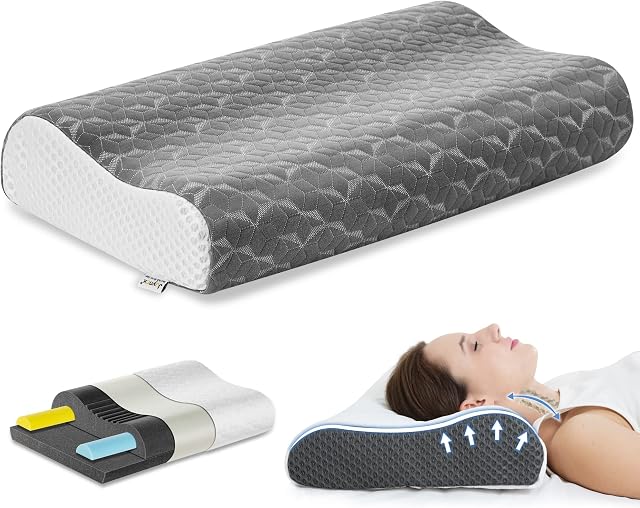 Joynox Cervical Memory Foam Pillow for Sleeping, Adjustable Orthopedic Contour Support Pillow for Neck and Shoulder Pain Relief, Ergonomic Bed Pillow for Back, Side, Stomach Sleepers(Dark Grey)