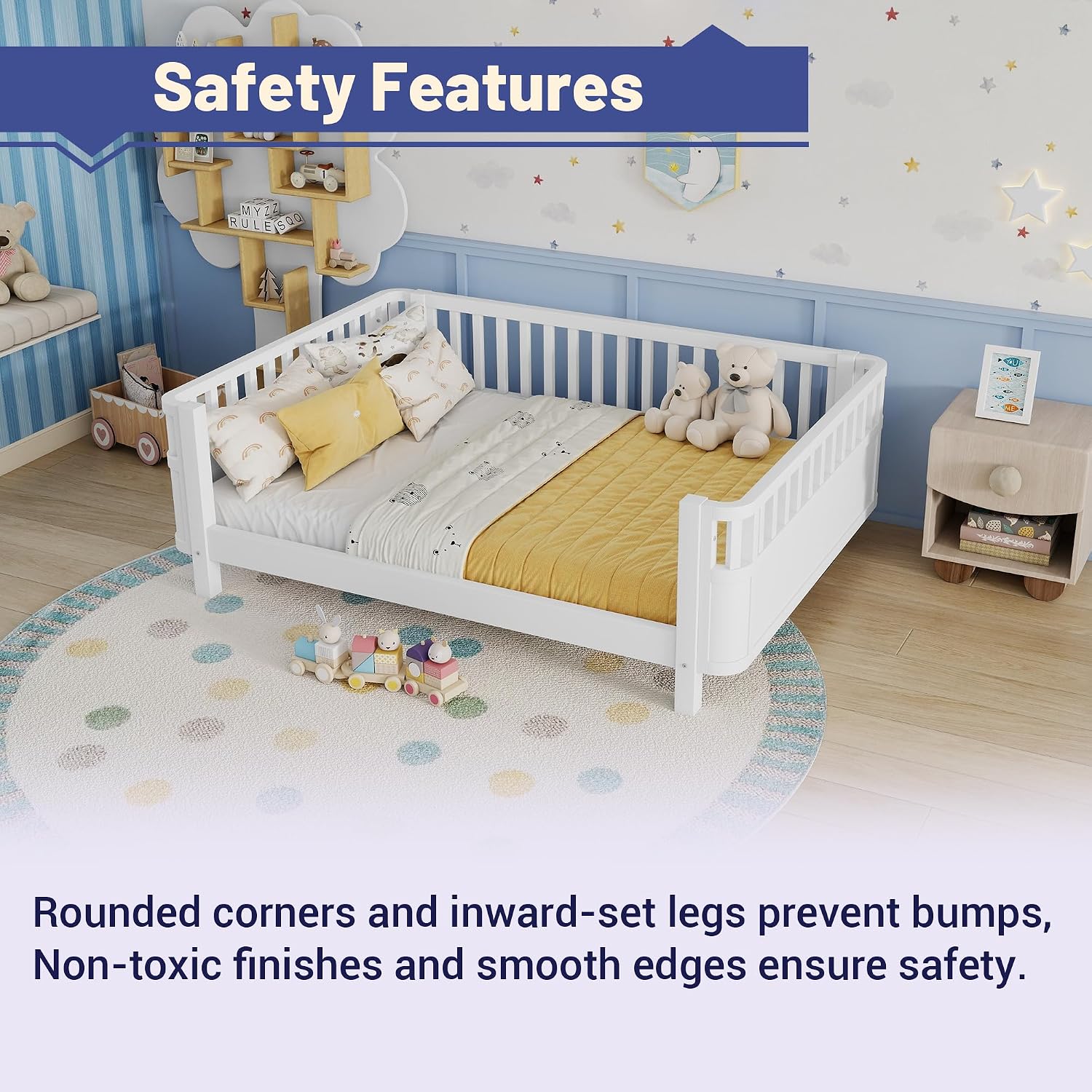 Full Size Kid Bed with Rails,Wooden Kids Day Bed with Detachable Safety Rails and Rounded Corners, Montessori Bed Frame with Headboard,Full Size Bed Frame for Kids Girls (White)