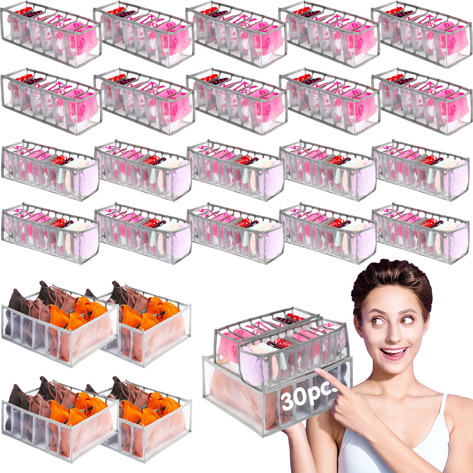 30 Pcs Wardrobe Clothes Organizer Drawer Organizers for Clothing Foldable Closet Organizers Mesh Dividers Storage for Jeans, Trousers, T Shirts and Skirts (6/7/11 Grid)