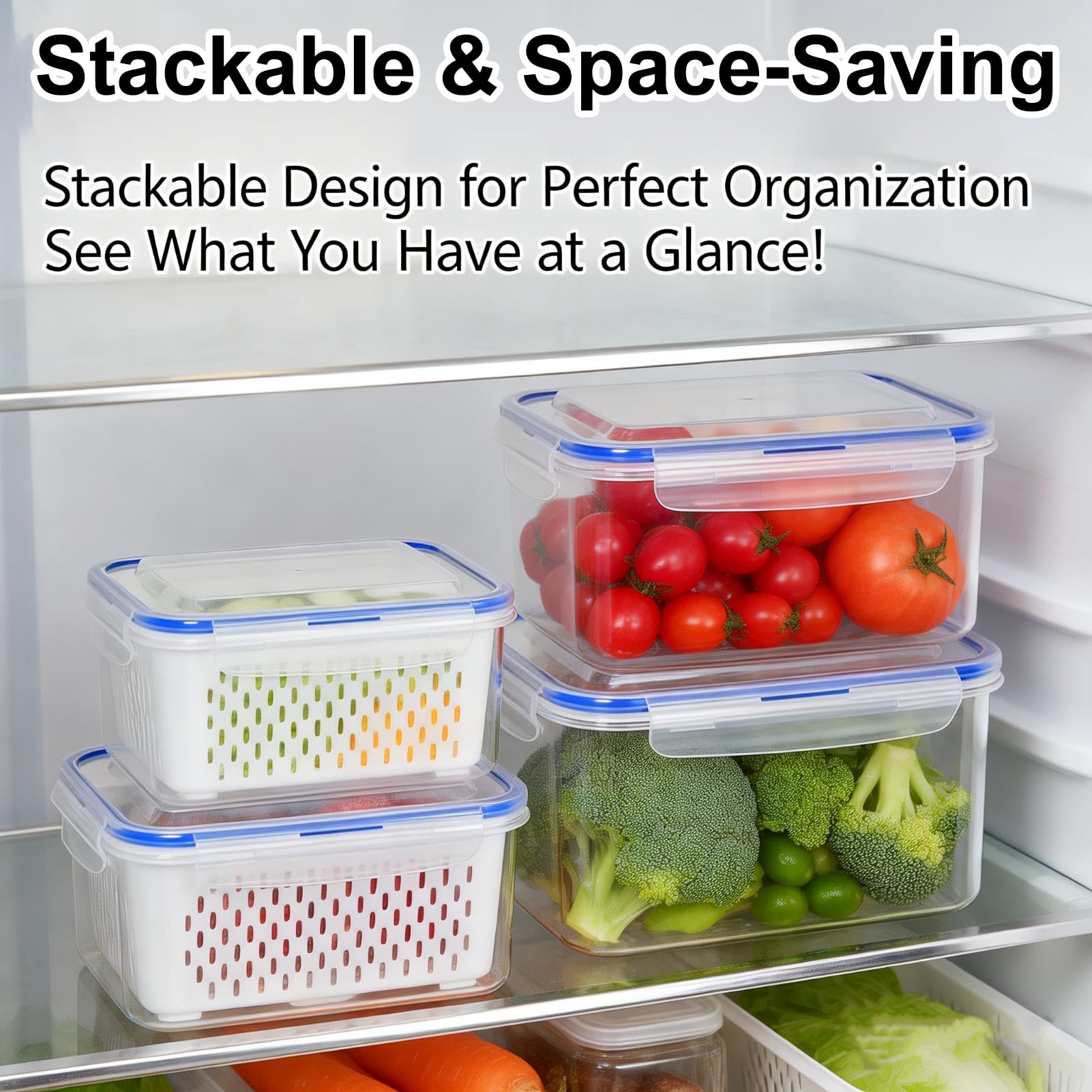 4 in 1 Food Storage Container, Household Transparent Plastic Food Storage Box-Including Drain Basket, Fruit Storages Containers for Fridge with Removable Colanders (Gray,Small+Medium+Large)