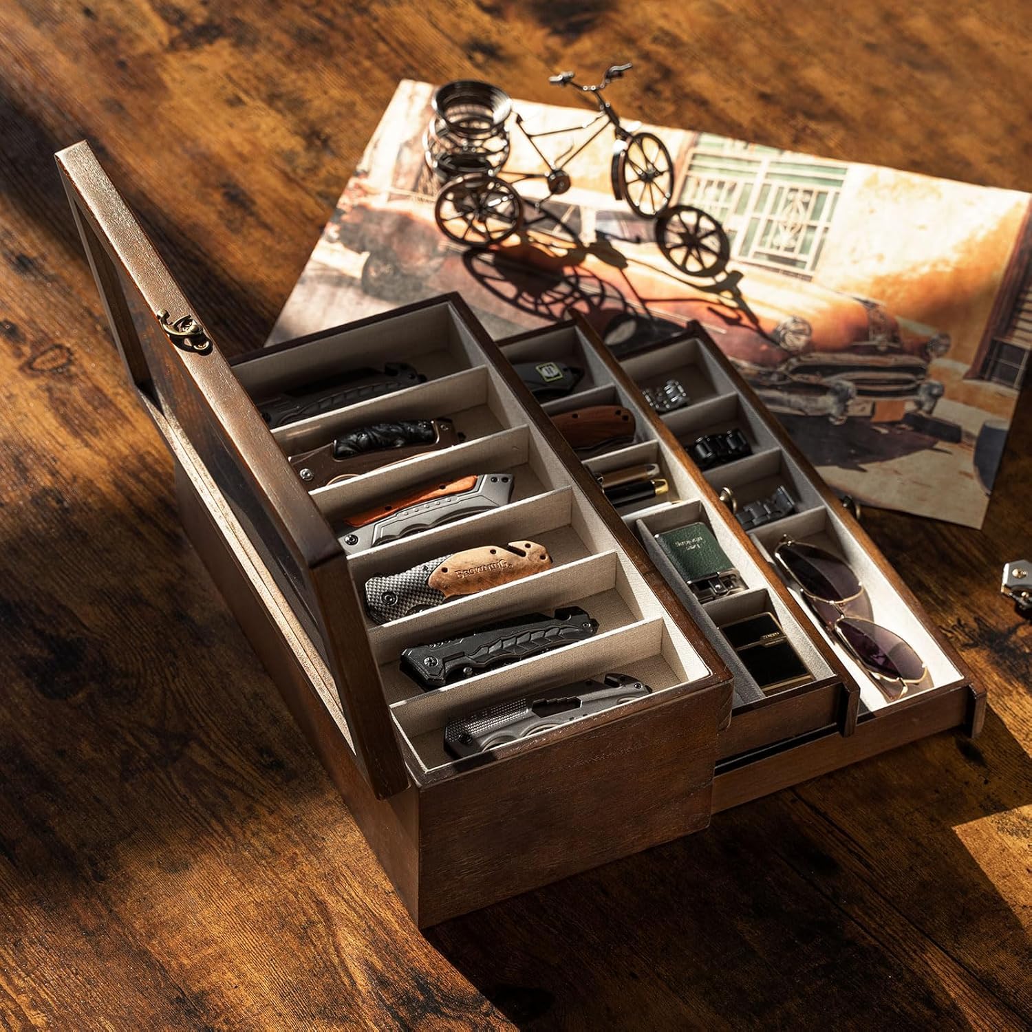 3 Étages Coffret Poignard, Bois Boîte Présentoir à Couteaux avec Tiroir et Couvercle Transparent, Support à Couteaux pour Exposer et Ranger les Couverts, pour Collection, Cadeau (Noyer)