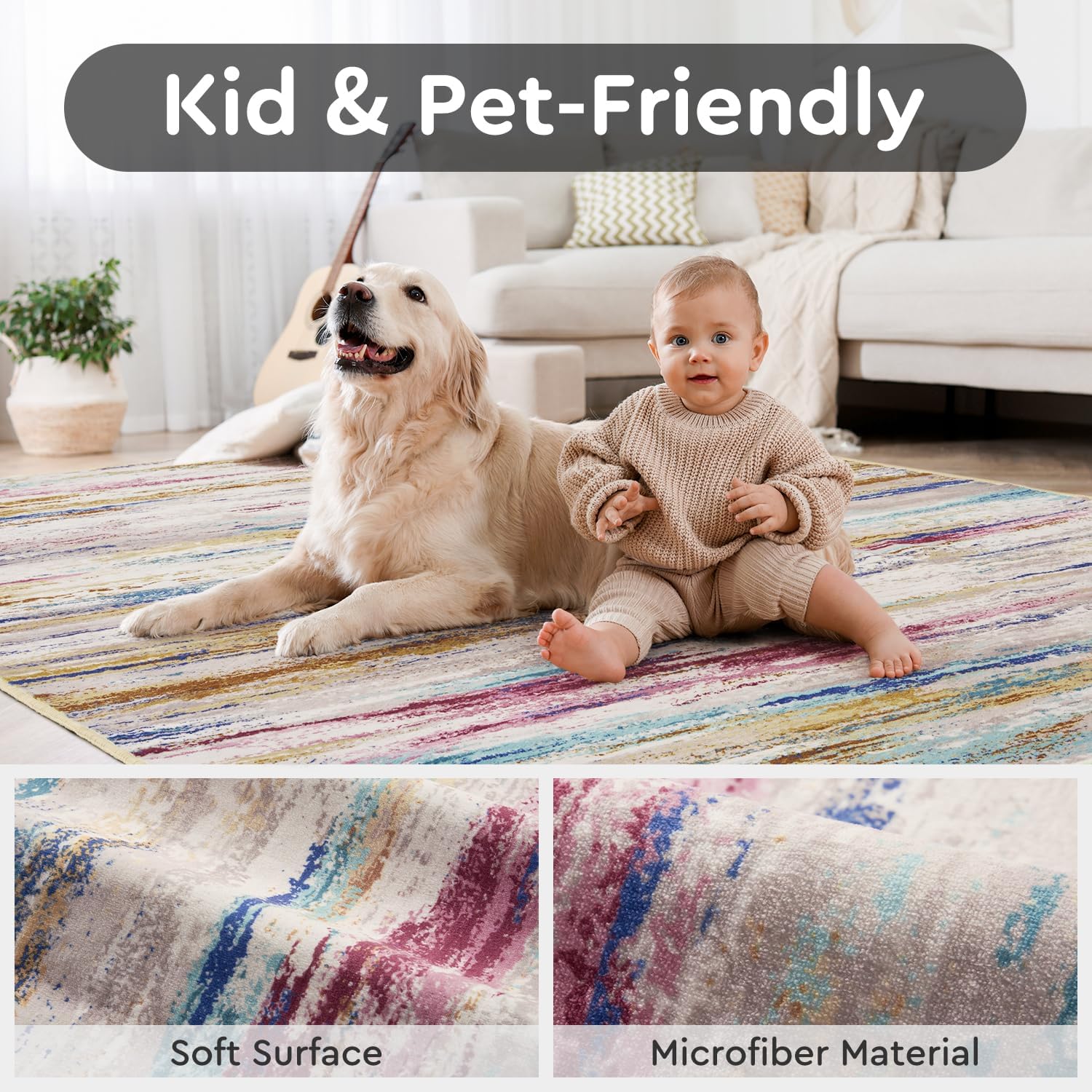 tchdio 5x7 Area Rugs for Living Room, Colorful Modern Abstract Area Rug, Washable Kids Rugs for Playroom, Non Slip Soft Nursery Rug, Stain Resistant Large Carpet for Bedroom, Multi Color