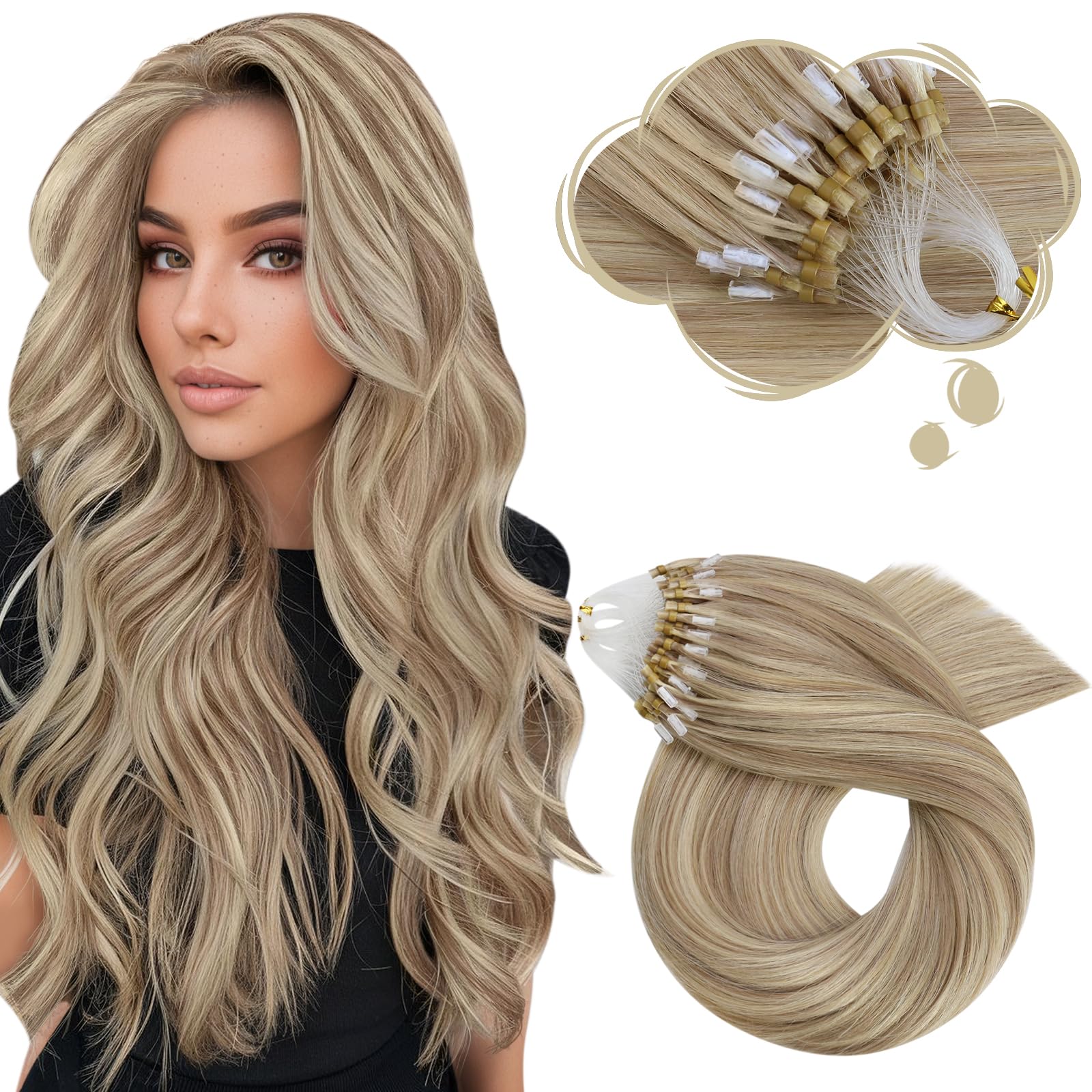 Moresoo Nano Hair Extensions Real Human Hair 16 Inch 50g/Pack Ash Blonde Highlight Nano Beads Hair Extensions Human Hair 1g/s Remy Straight Hair #P18/613 — view 56
