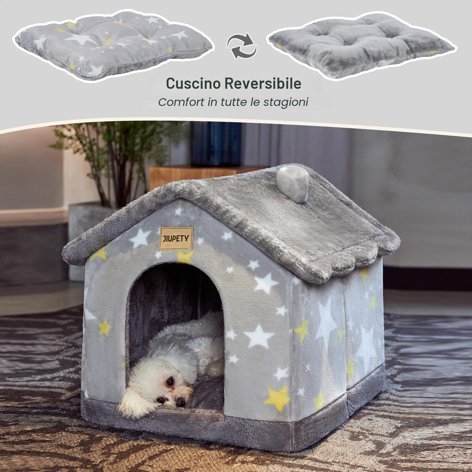 Jiupety Cuccia Cane Interno Chiusa Taglia Media con Motivo a Stella, Cuccia Pelosa per Cani da Interno Taglia L 53 x 43 x 46 CM, Dog House, Grey Star