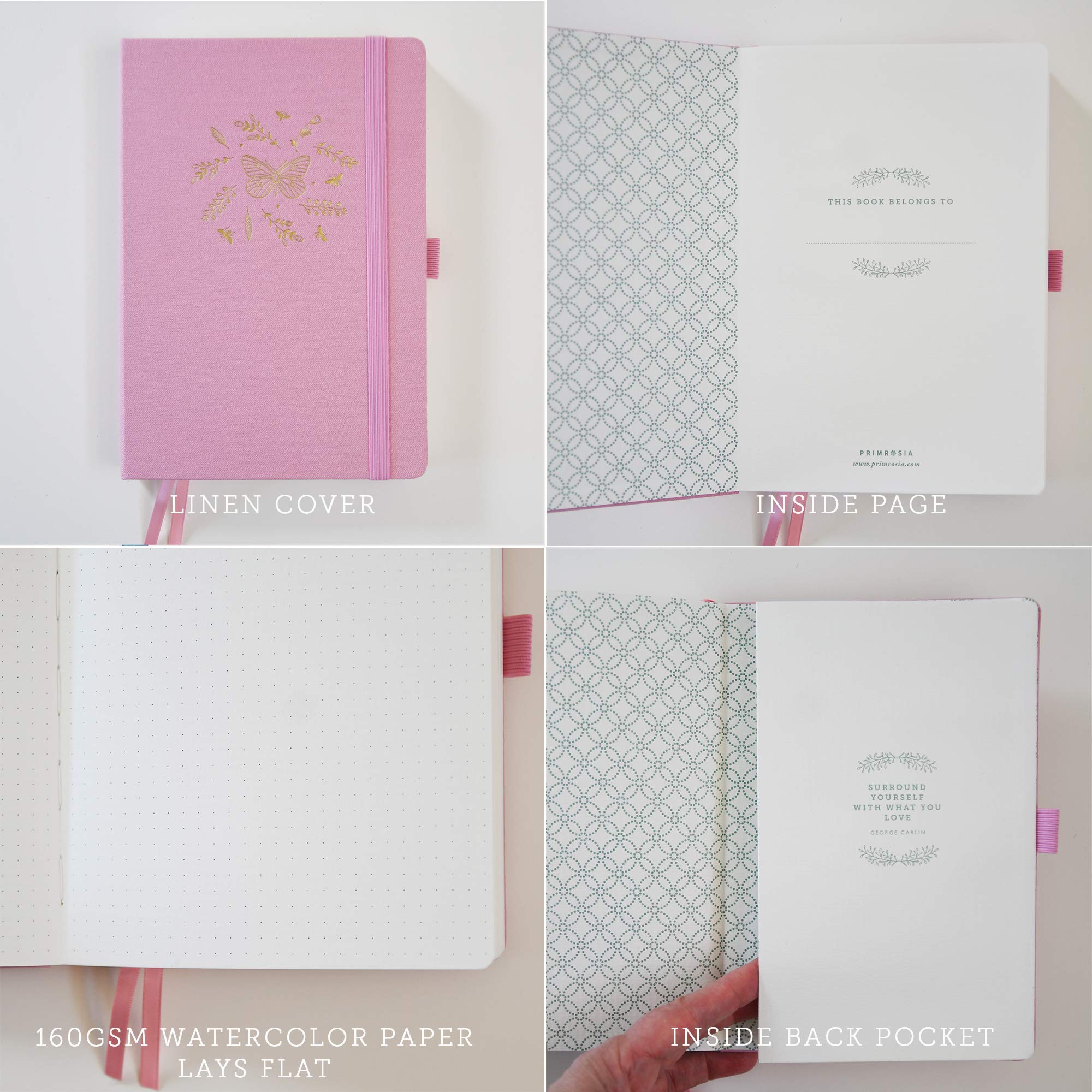 Primrosia Taccuino A5 con griglia a punti ad acquerello, 160 pagine, carta pesante di alta qualità, senza sbavature, copertina rigida in lino di lusso (farfalla rosa)