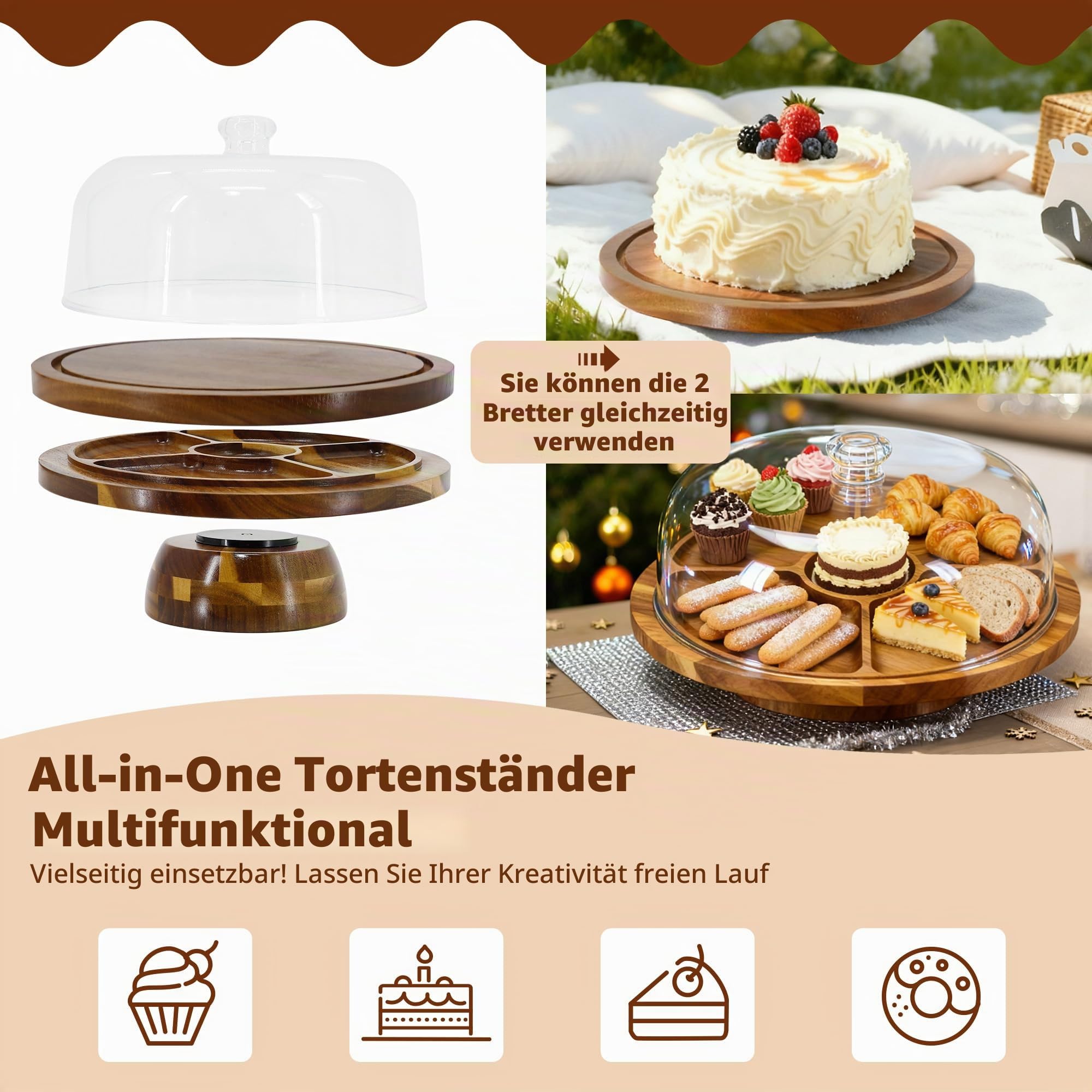 30cm Drehbar Tortenständer Tortenplatte, Multifunktional Holz Kuchenständer | Mit Deckel & Fuß & 4 Stück Gold Cake Board, Runde Drehteller für Küche Backen Hochzeit Party