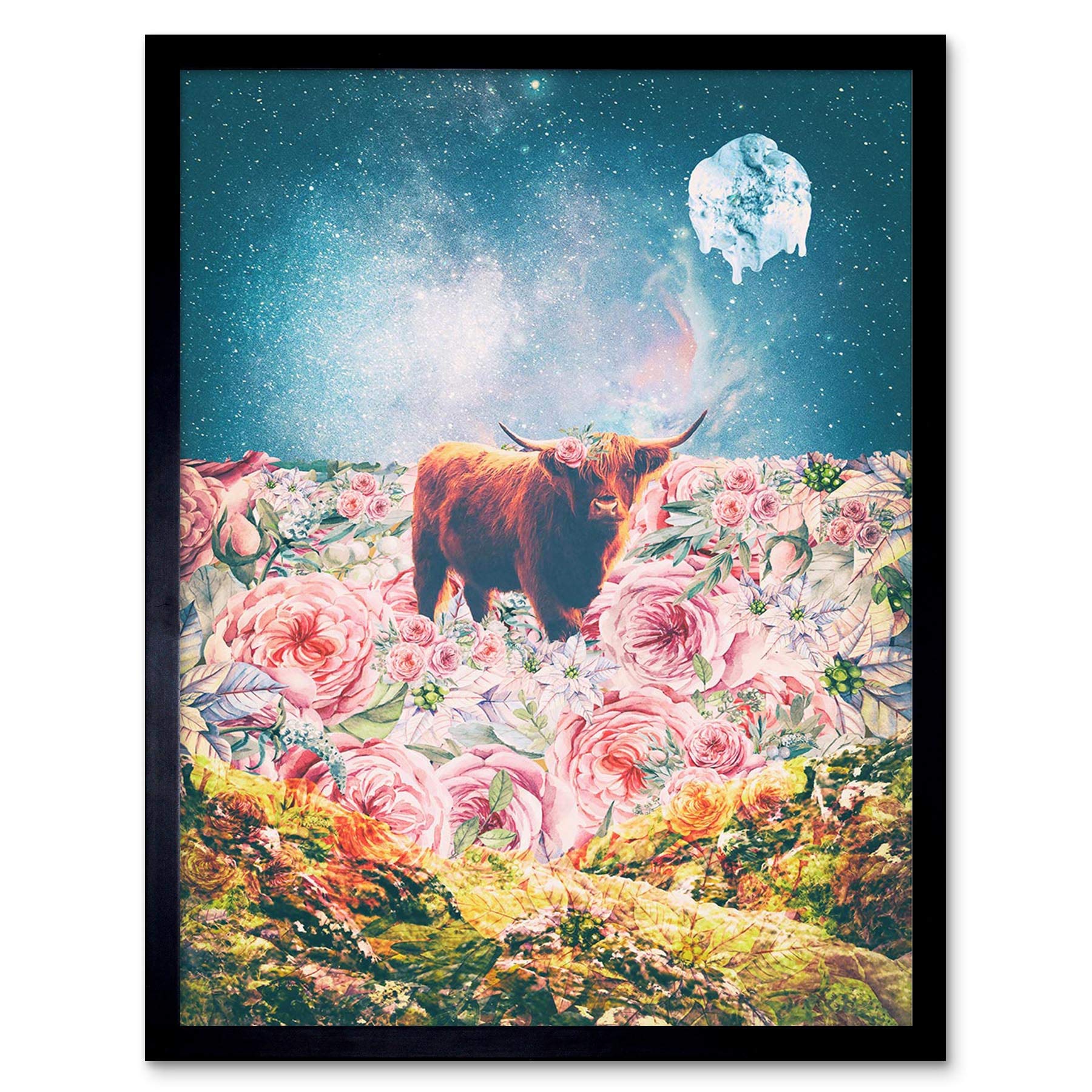 Scottish Highland Hairy Coo Trippy Psychedelic Landscape Space Art Print Framed Poster Wall Decor 12X16 Inch