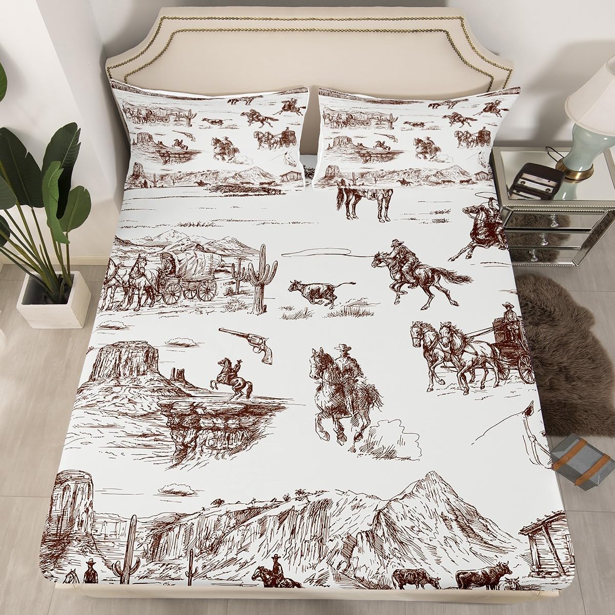Western Cowboy Sheets With Deep Pocket Fitted Sheet Queen Size for Boys Girls, Vintage Bed Sheet Set Brown Farmhouse Bedding 4Pcs