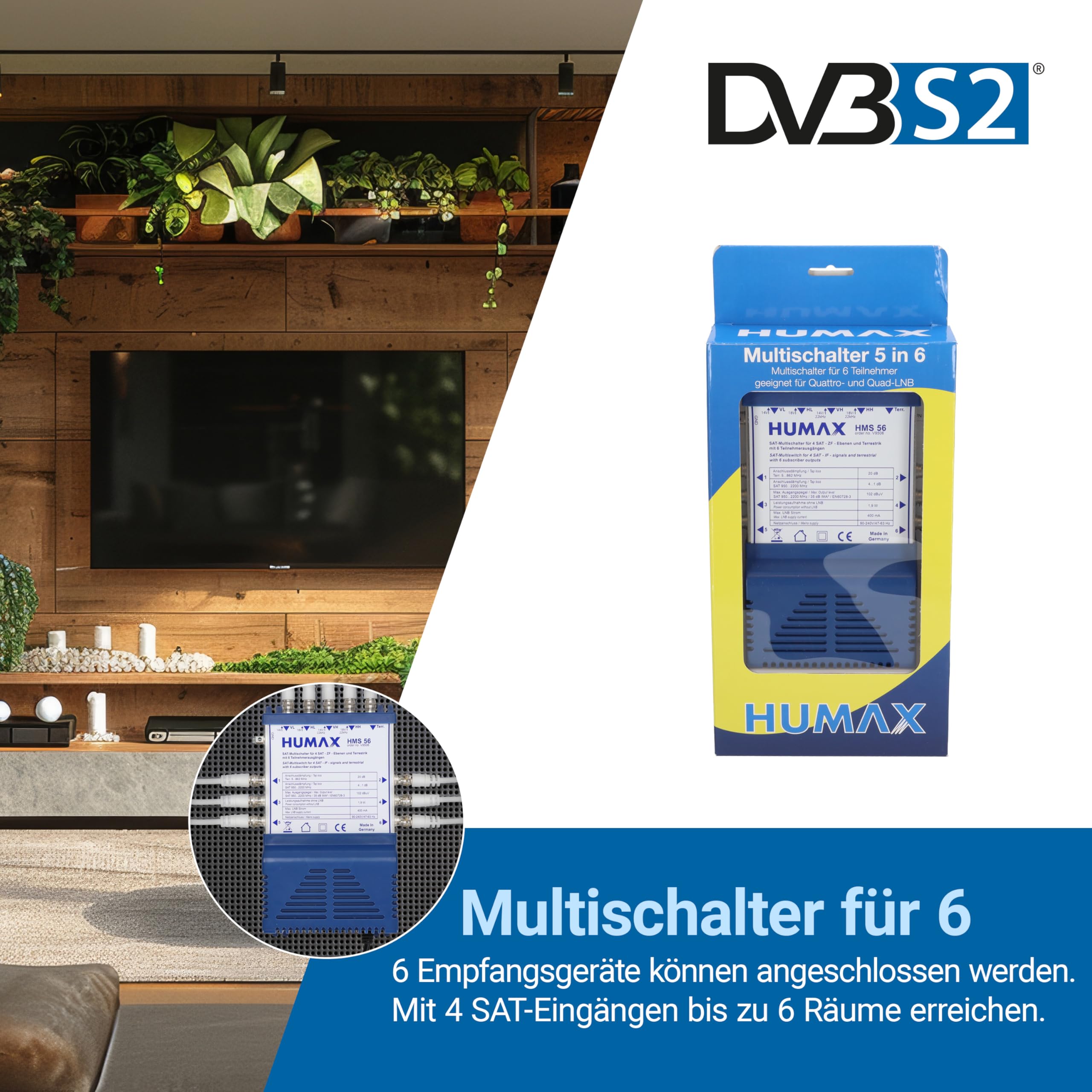 HUMAX Multischalter für Quattro und Quad LNB, SAT Verteiler mit integriertem Netzteil und Standby Funktion, SAT Verstärker mit 4 SAT Eingängen und 1 terrestrischen, 6 Teilnehmer