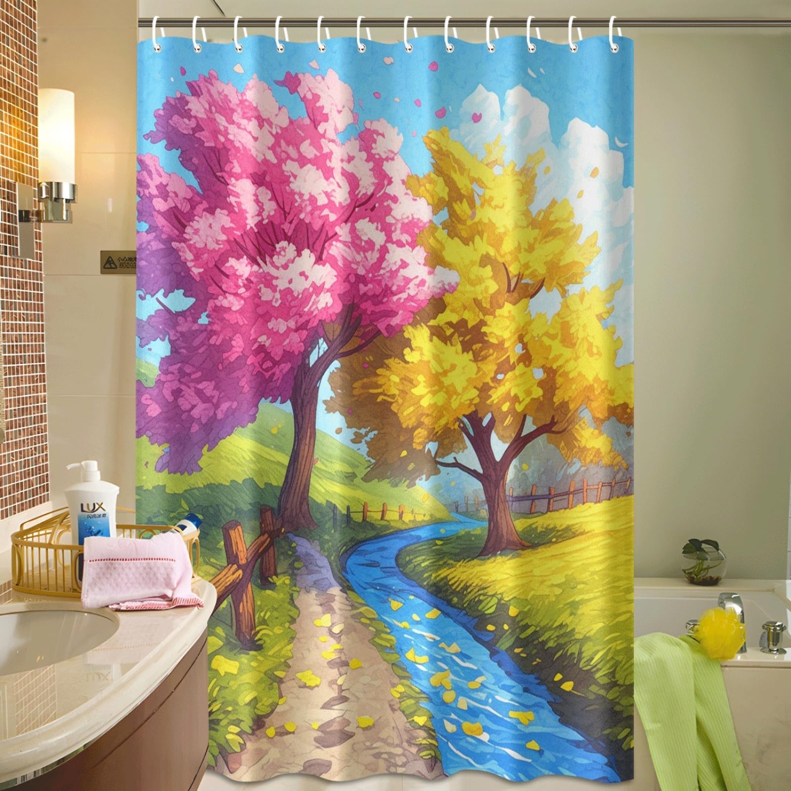 Tenda Doccia Alberi Gialli Rosa Tenda Doccia Antimuffa Impermeabile Poliestere Lavabile con 12 Ganci Facile da Installare Tende Finestra Bagno per Dormitorio Hotel(180x220cm)