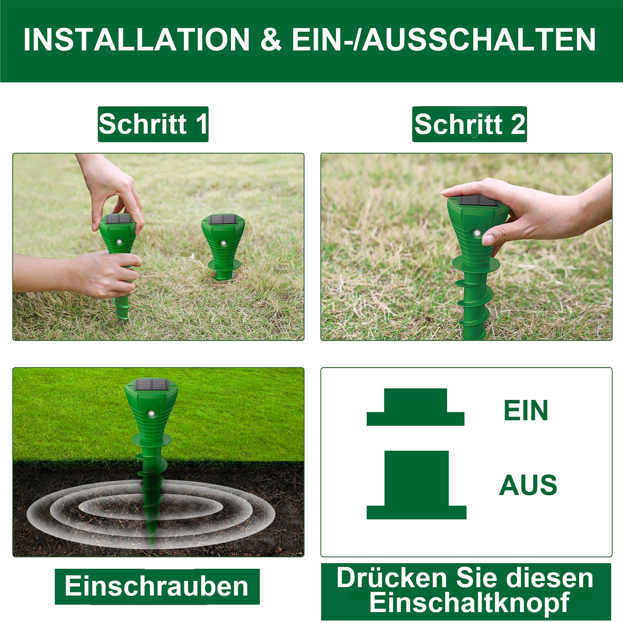 4 Stück Solar Maulwurf Vertreiber, Ultraschall Wühlmaus Vertreiben Testsieger, IP65 Wasserdicht Wühlmausschreck, Haustierfreundlich gegen Maulwürfe, Wühlmäuse & Gartennagetiere