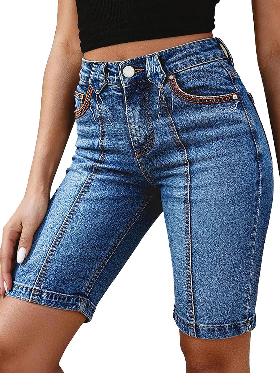 Flamingals Mid Waist Denim Bermuda Shorts for Women Trendy Wash Stitch Detail Summer Casual Keen Length Jean Shorts
