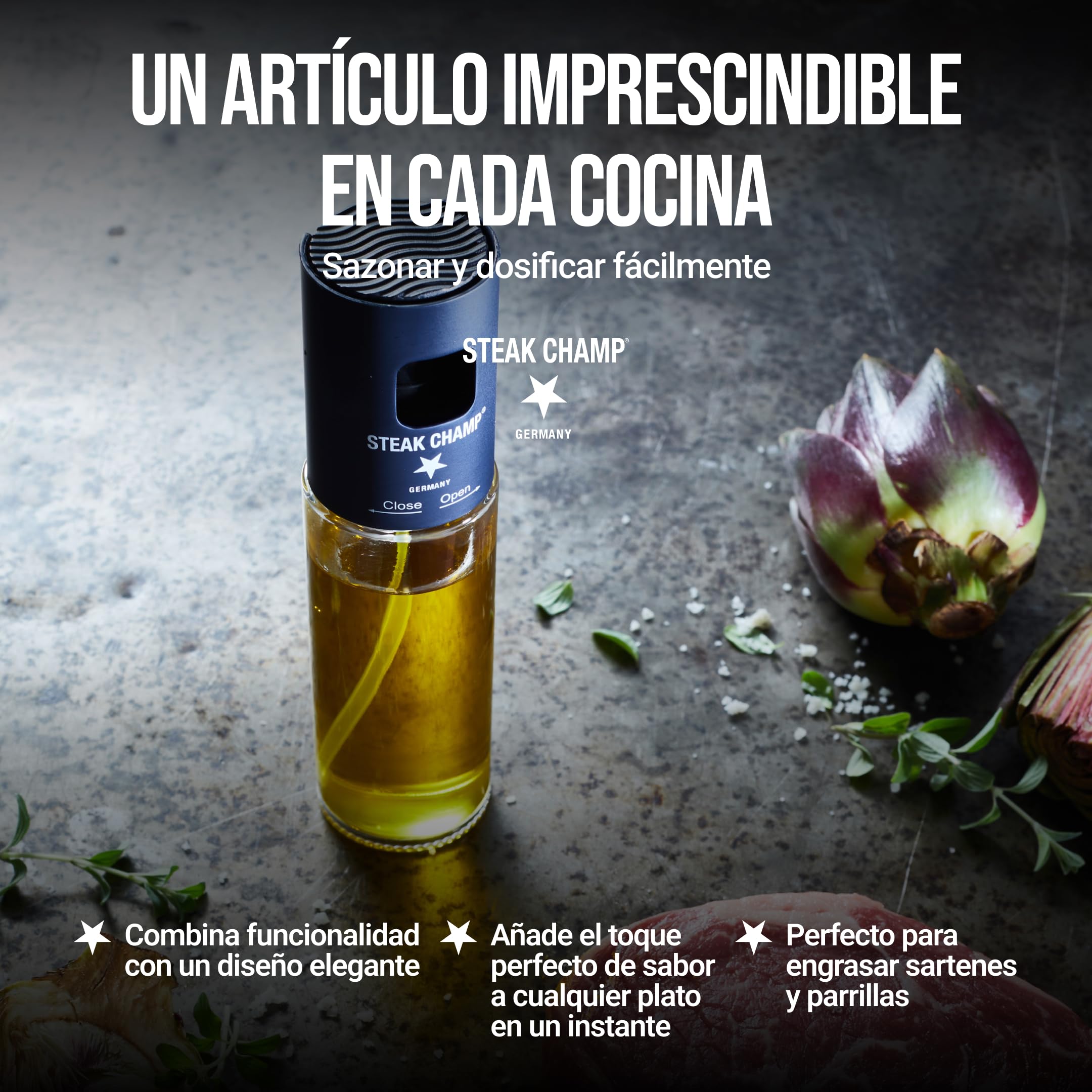 Steakchamp Botella pulverizadora de aceite, filtro antiobstrucción para aceites de temporada, dosificación precisa, vidrio claro, botella pulverizadora de aceite