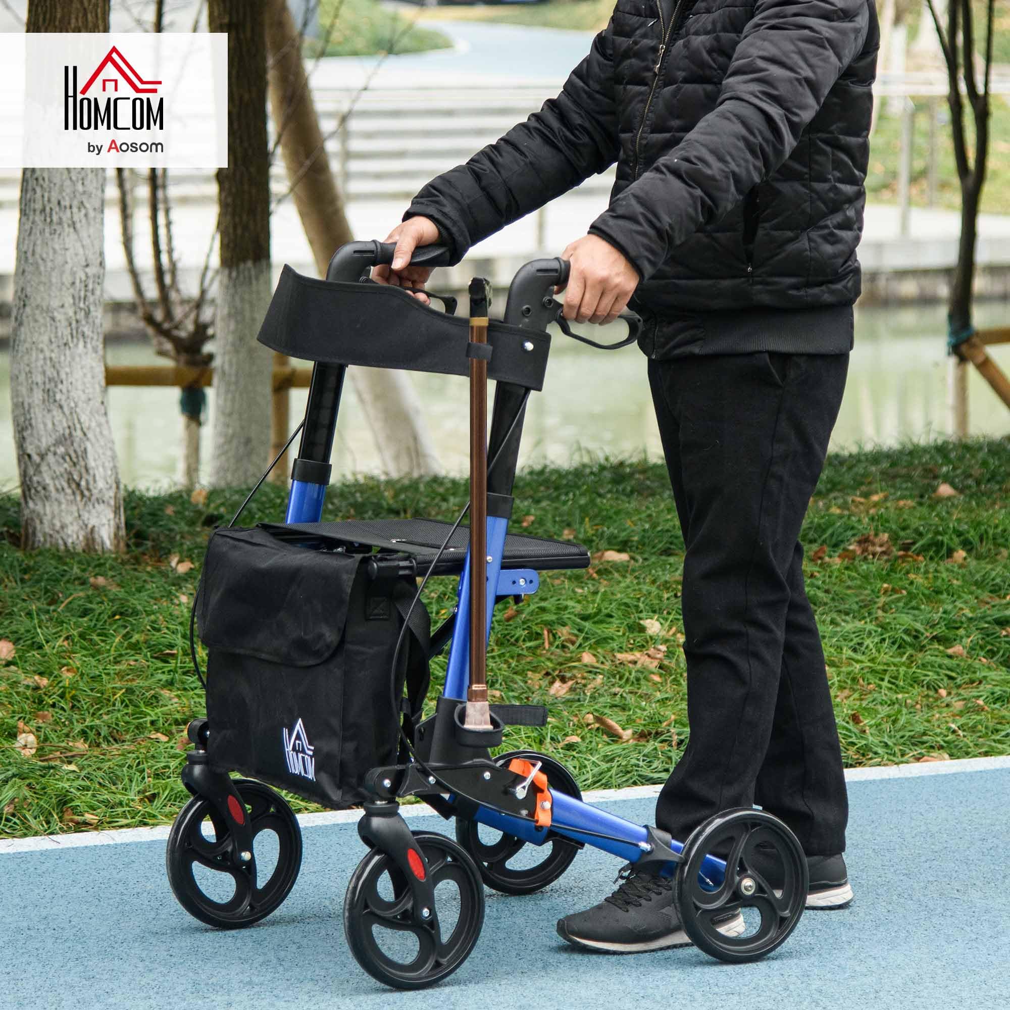 HOMCOM Andador de 4 ruedas con asiento y respaldo, andador plegable de movilidad con bolsa de transporte, altura ajustable, frenos duales, soporte para bastón, marco de aluminio ligero para personas