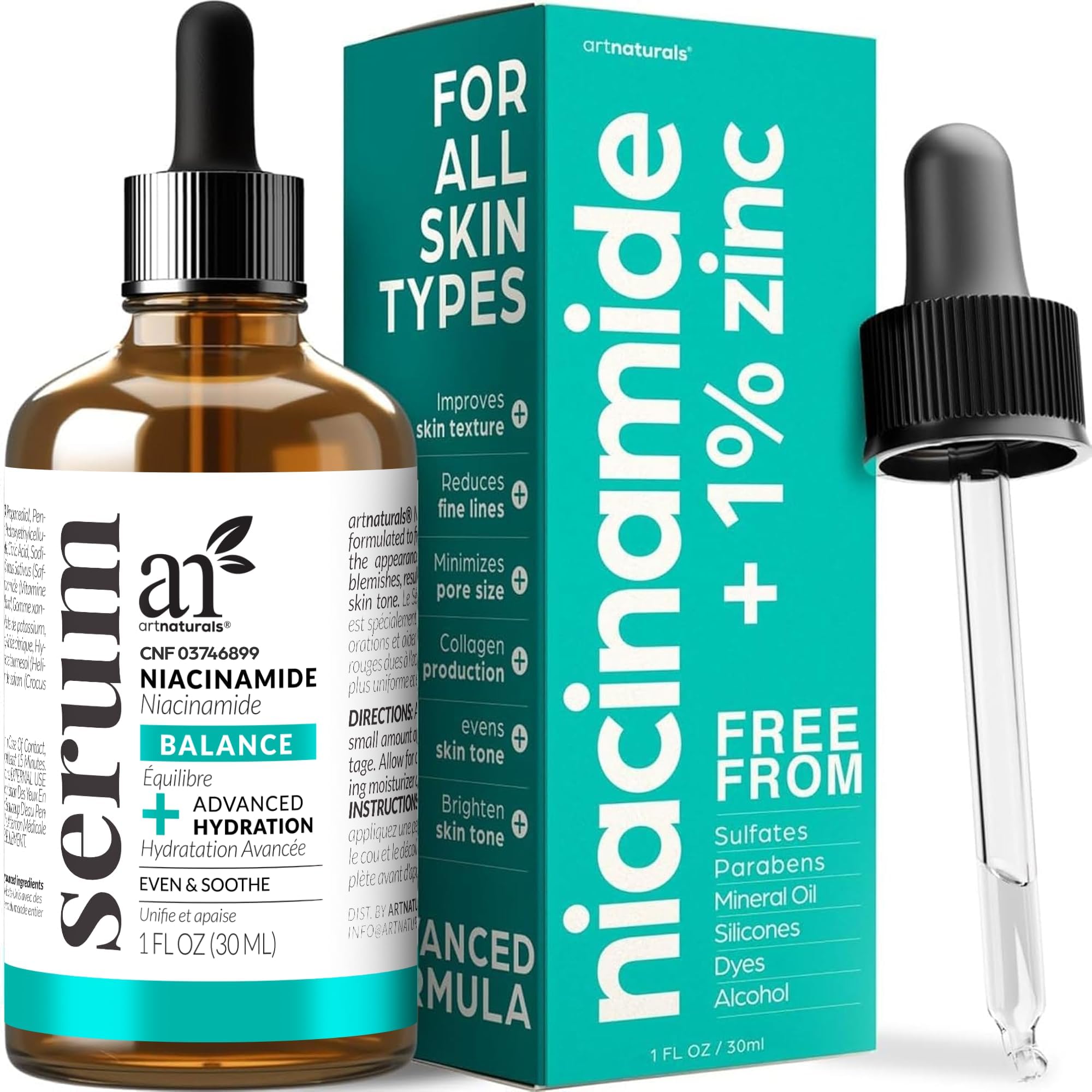 Artnaturals Niacinamide Face Serum, 10% Active Niacinamide with 1% Zinc PCA & Vitamin B3 - Hyaluronic Acid, Pore Reducer, Mineral Blemish Protection, 1 oz