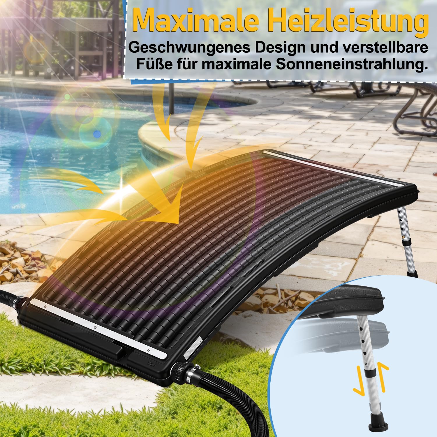 Solar Poolheizung, Solarkollektor 110 x 65 x 35cm Höhenverstellbar,Pool Solarheizung 10000 L/H,38mm Anschluss Poolheizung Erweiterbar,für Warmwasser Gartendusche Pool