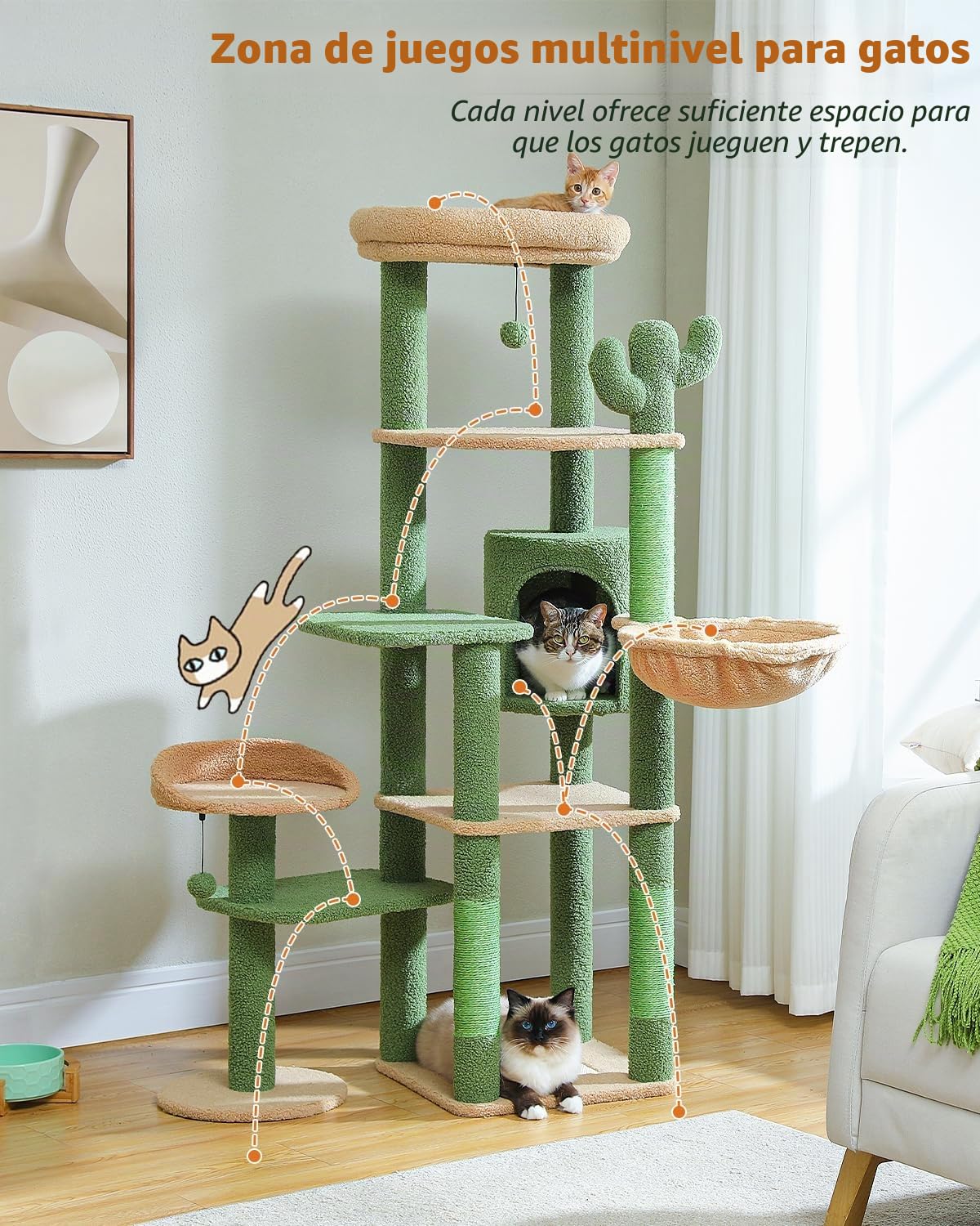 PETEPELA Árbol de Cactus para Gatos de 150 cm, Torre de Varios Niveles para Gatos Grandes, Condominio de Interior Con Hamaca Grande y Poste Rascador