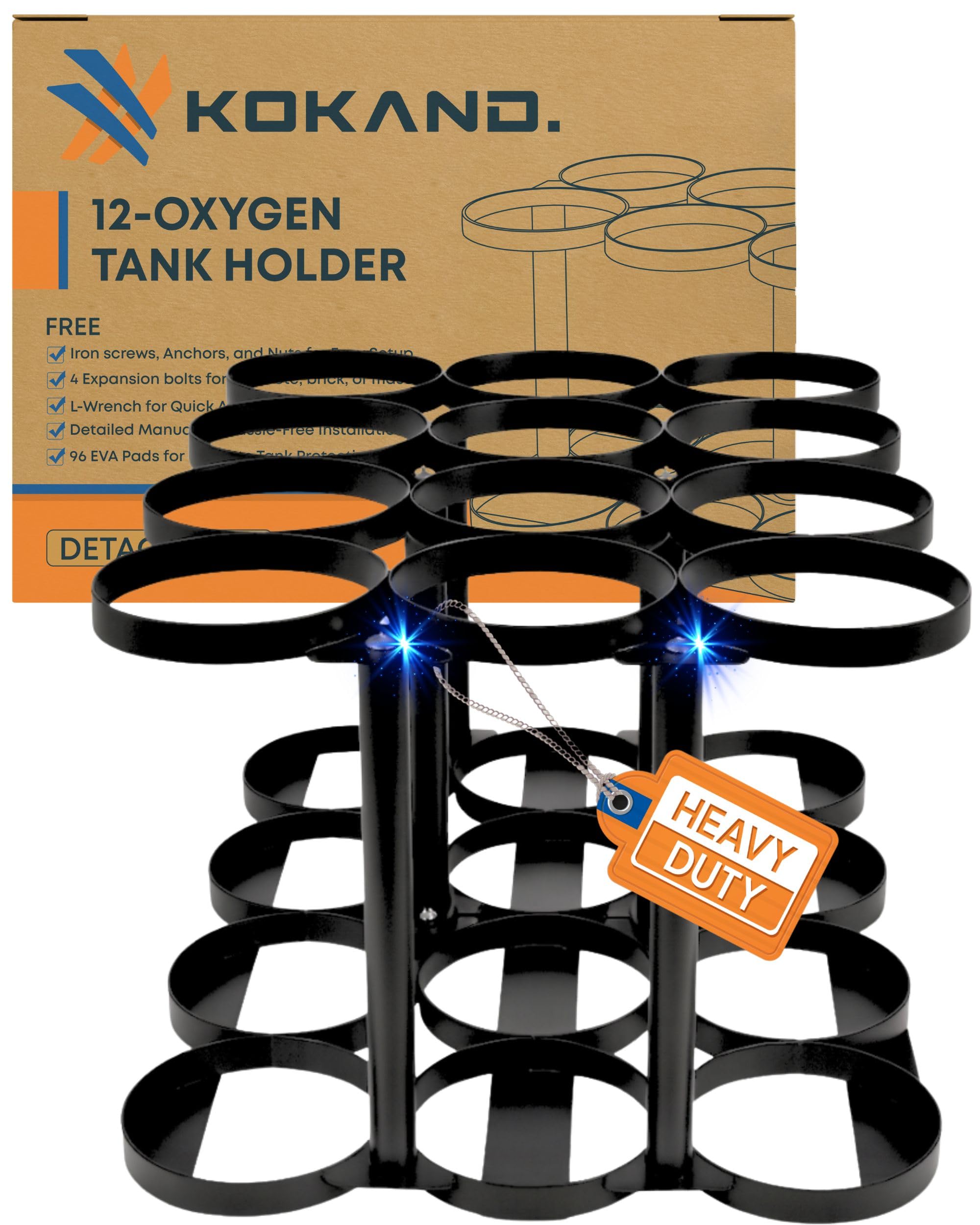 Detachable Oxygen Tank Holder (12) for E, D, M9/C Size Cylinders - Heavy Duty Metal Storage Rack - Portable Oxygen Tank Carrier for Travel & Vehicle Use (Black) (4.5" Wide Slots)