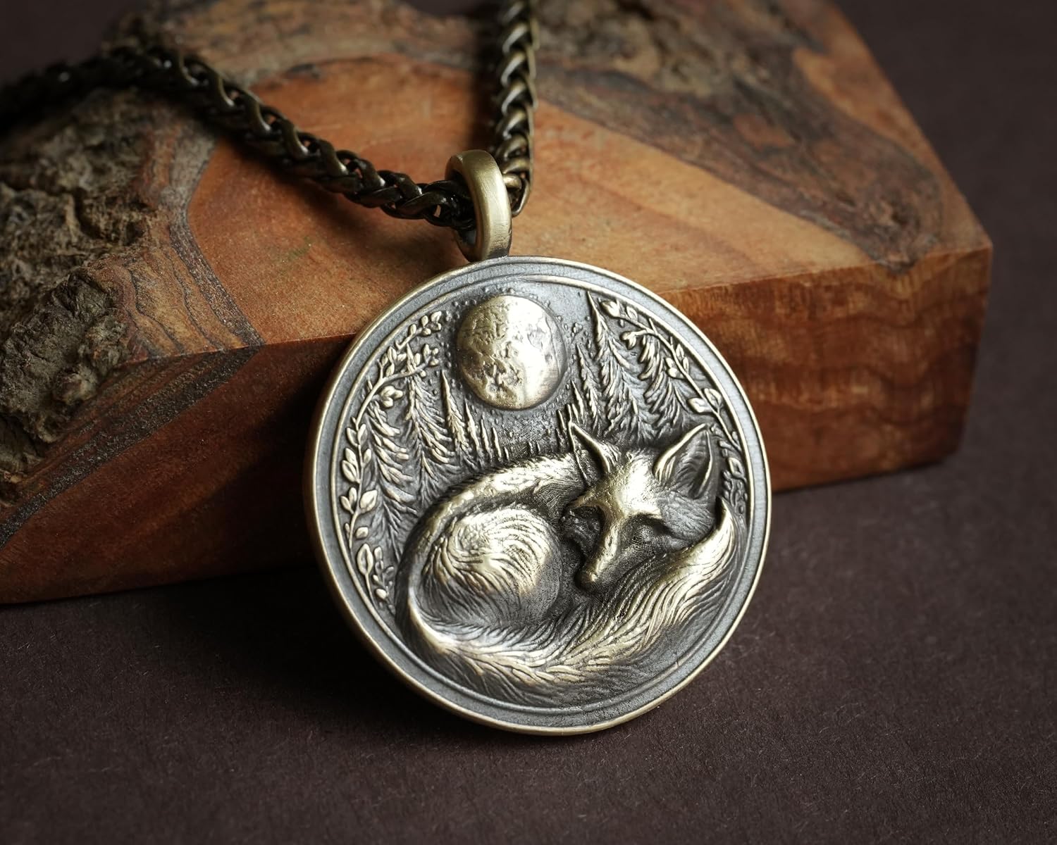 Baldur Jewelry - Sleeping Fox in Full Moon Forest Nature Necklace Pendant - Brass and Silver Casting - Handmade in Our Workshop - Comes With Chain - Jewelry Amulet