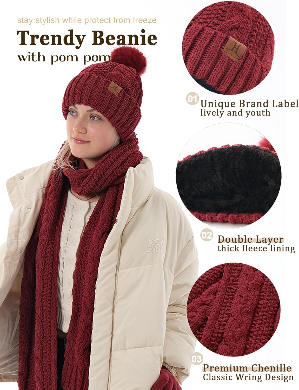 Hat Scarf And Gloves Set For Women, Womens Beanie Hats Thermal Touchscreen Gloves Scarf Scarves, Winter Accessories Sets - Image 3