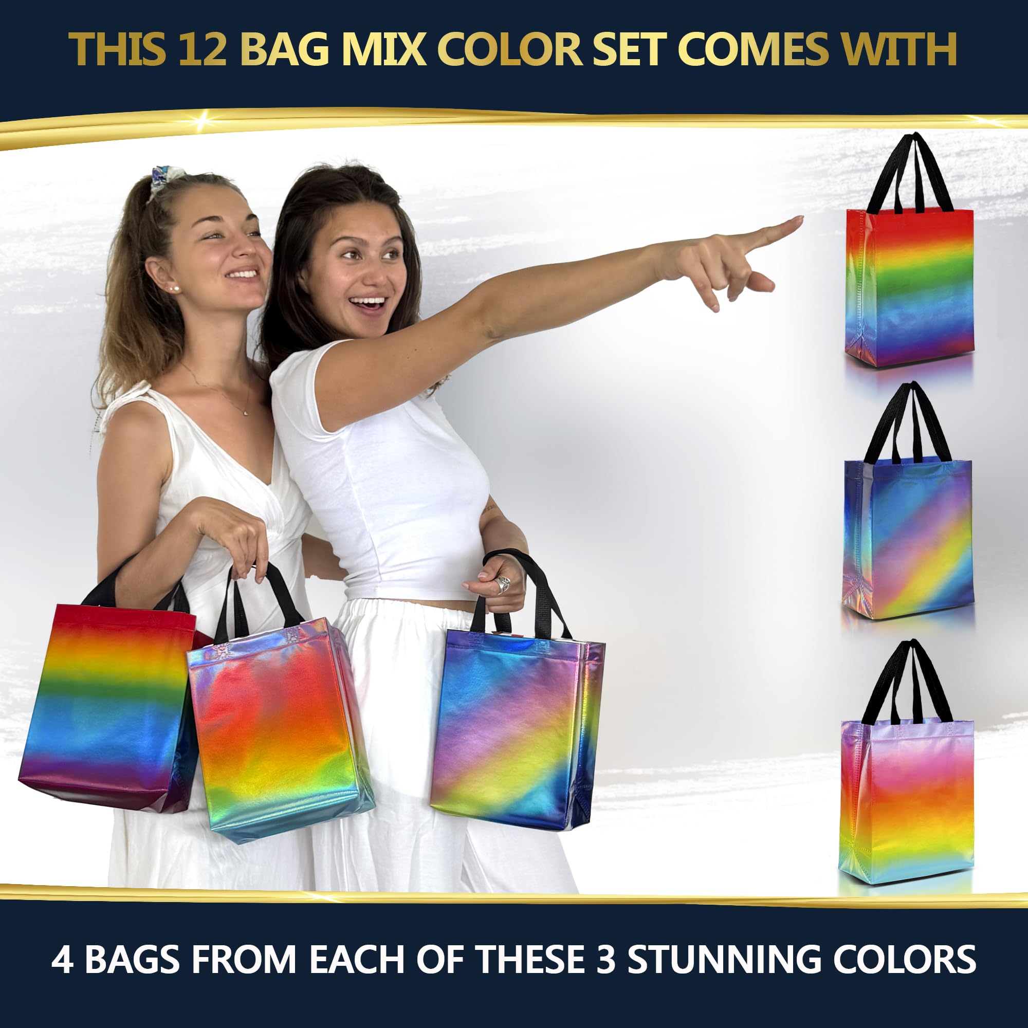 Nush Nush Rainbow Gift Bags in 3 Colorful Design - Set of 12 Reusable Gradient Gift Bags With Handles - Ideal Goodie Bag for Birthday Party Favors, Thanksgiving, Holiday, Kids Party - 8"x4"x10"