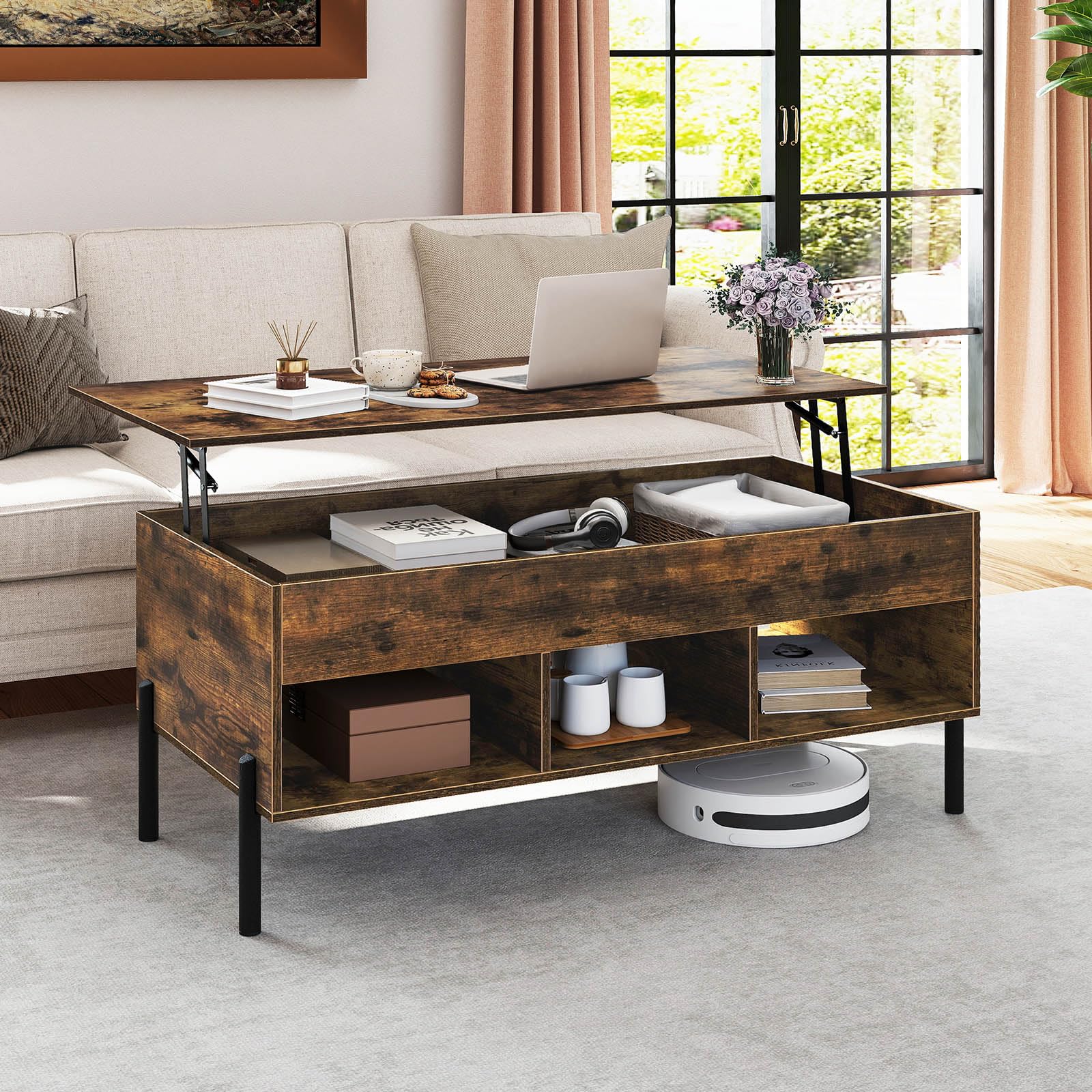 COSTWAY Mesa de Centro Elevable, Mesa Central de Café con Tablero Elevable, Amplio Compartimento Oculto y 3 Espacios Abiertos, Mesita de Cóctel con Patas de Metal (Café)