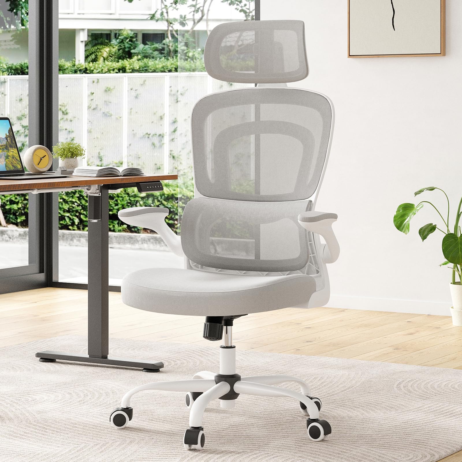Farini Ergonomischer Stuhl Büro Computer Stuhl mit Rollen Schreibtisch für Bequemer Home Office Höhenverstellbar Chefsessel Bürostuhl mit Kopfstütze, Grauweiß