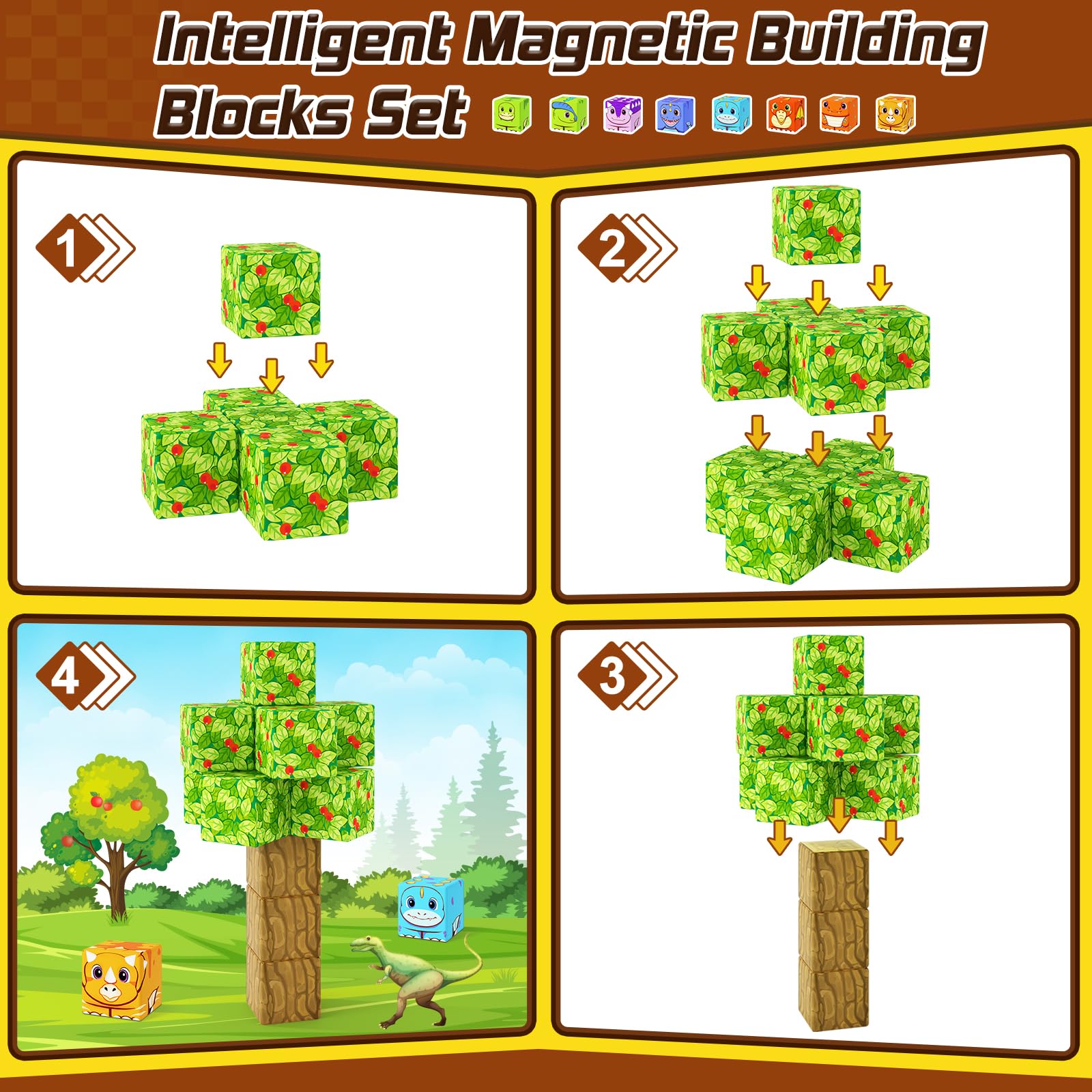Bloques magnéticos de juguetes de dinosaurio, juego de aventuras de dinosaurios con imán de minas, bloques de construcción magnéticos para niños y niñas de 3 años en adelante, escenas jurásicas 4