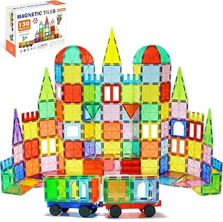 EchoPlan 130PCS Magnetic Tiles with 2 Cars - STEM Building Blocks, Safe 3D Magnet Toys for Kids Ages 3-9+