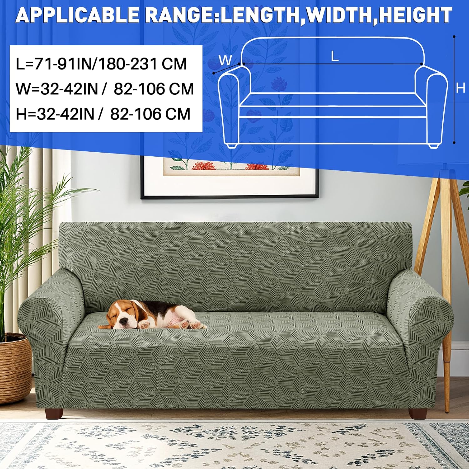 YEMYHOM 1 Piece Stretch Couch Covers for 3 Cushion Couch, Jacquard Sofa Cover with Non-Slip Elastic Bottom, Thickened Slipcover Furniture Protector for Dogs Pets (Large, Army Green）