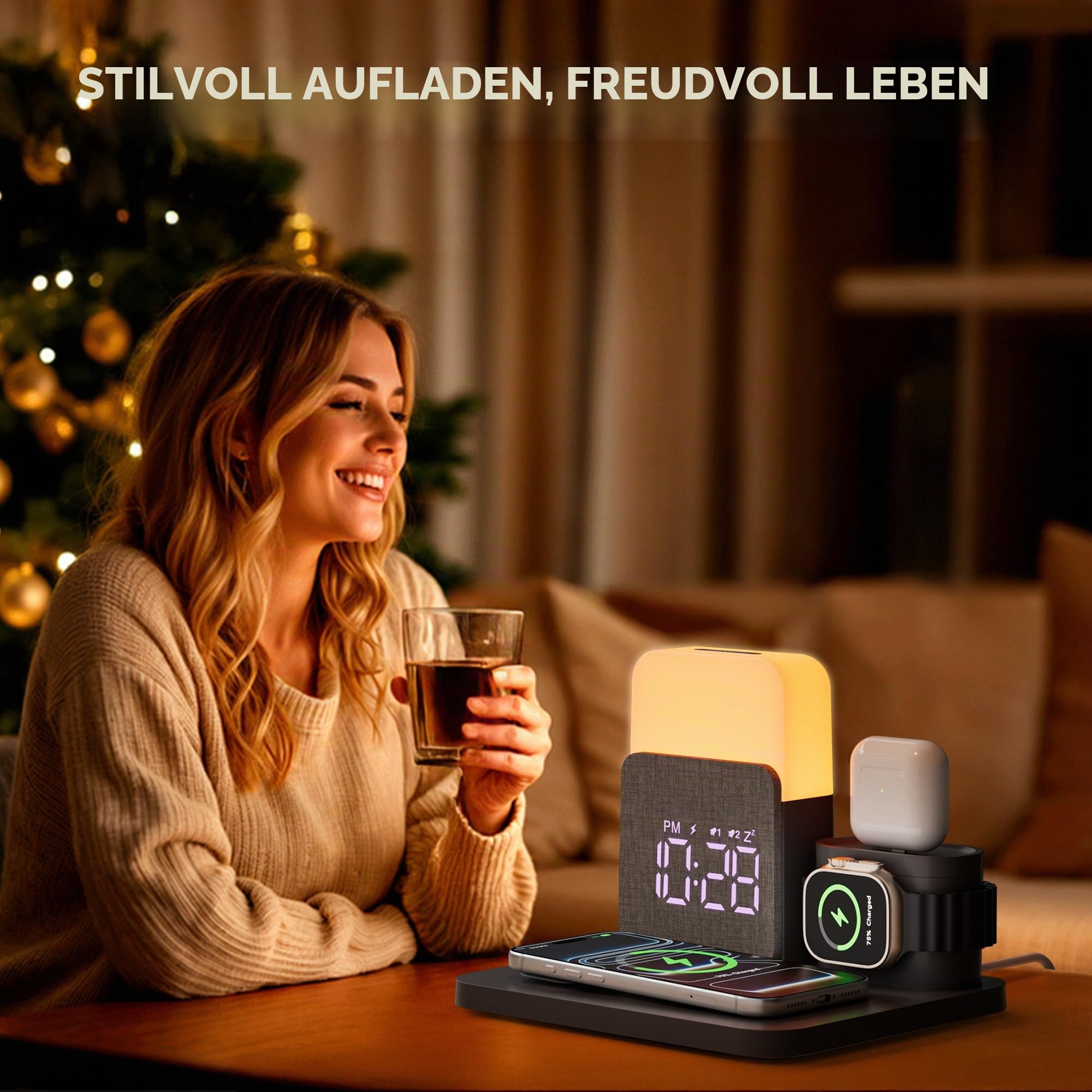 5 in 1 Induktive Ladestation für A-pple Watch und Phone 17-11 und air-pods | 15W Wireless Charger Wecker mit Ladestation Nachttischlampe mit Ladefunktion mit Adapter zu Schlafzimmer