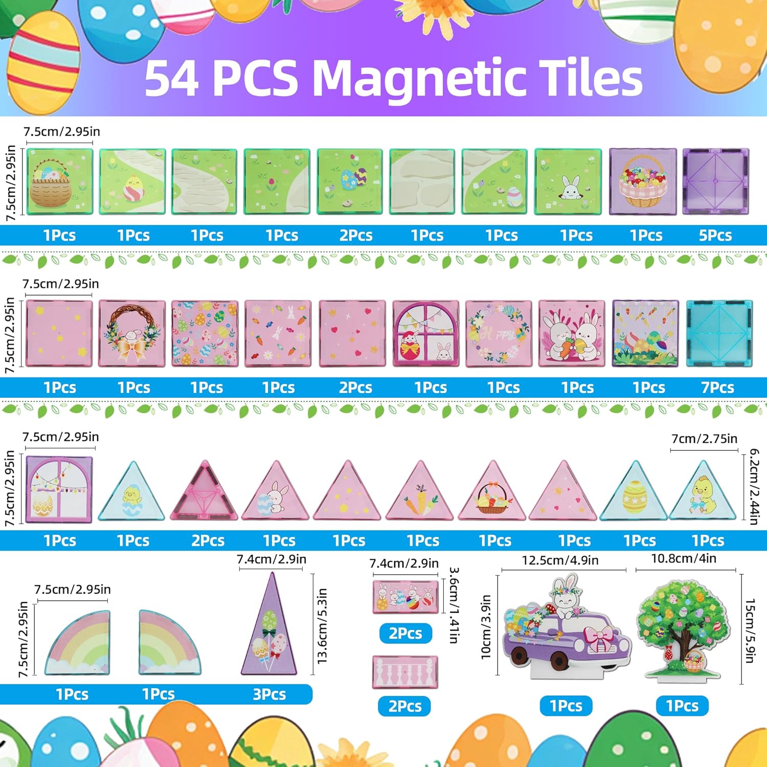 MAYAPHILOS 54 PCS Magnetic Tiles, Magnetic Building Blocks with Rabbit, Carrot, Easter Egg Pattern, Construction Stacking Toy for Toddlers, Gifts for Boys and Girls