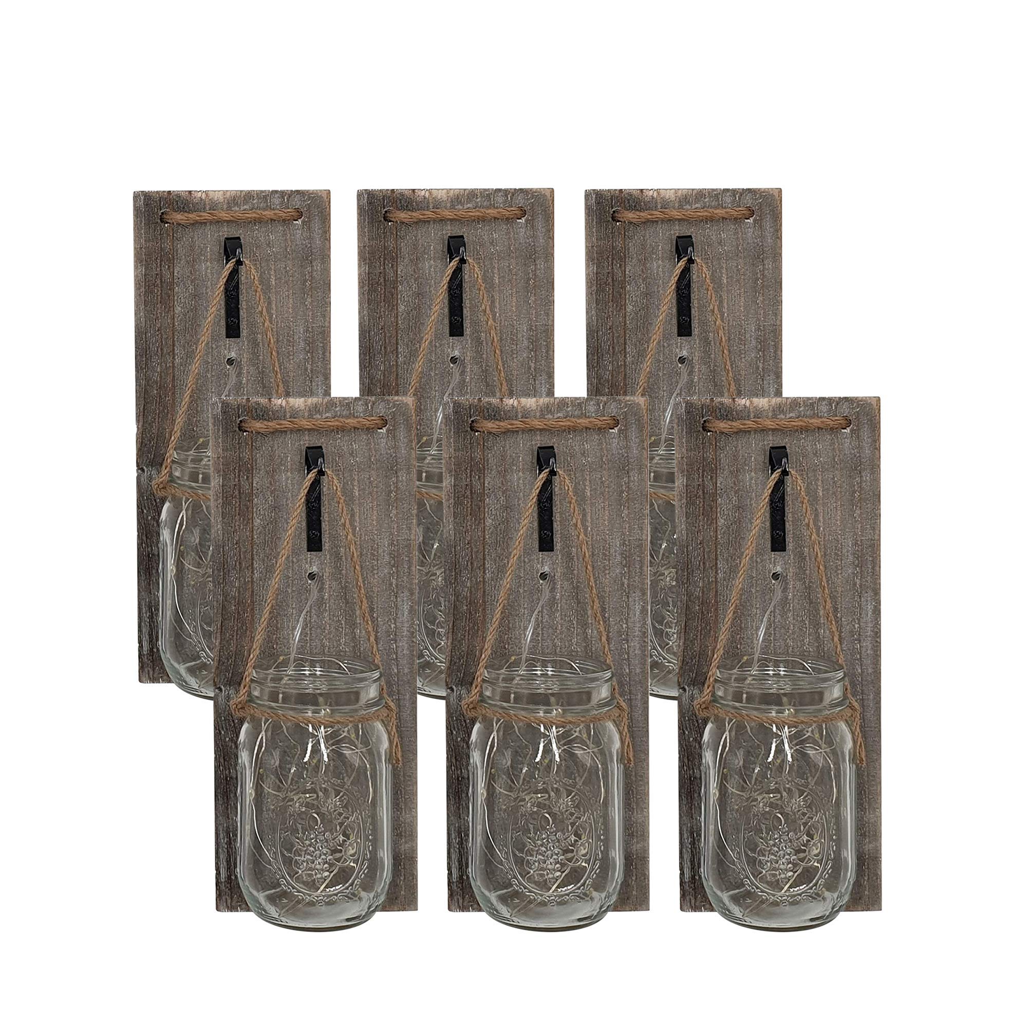 ISOTRONIC LED Dekoglas Wandleuchte 6er Set – Mason Jar Wanddeko mit Lichterkette & Holzbrett – Rustikale Wanddekoration im Landhausstil – Batteriebetriebene Hängeleuchte – DIY Einmachglas zum Befüllen