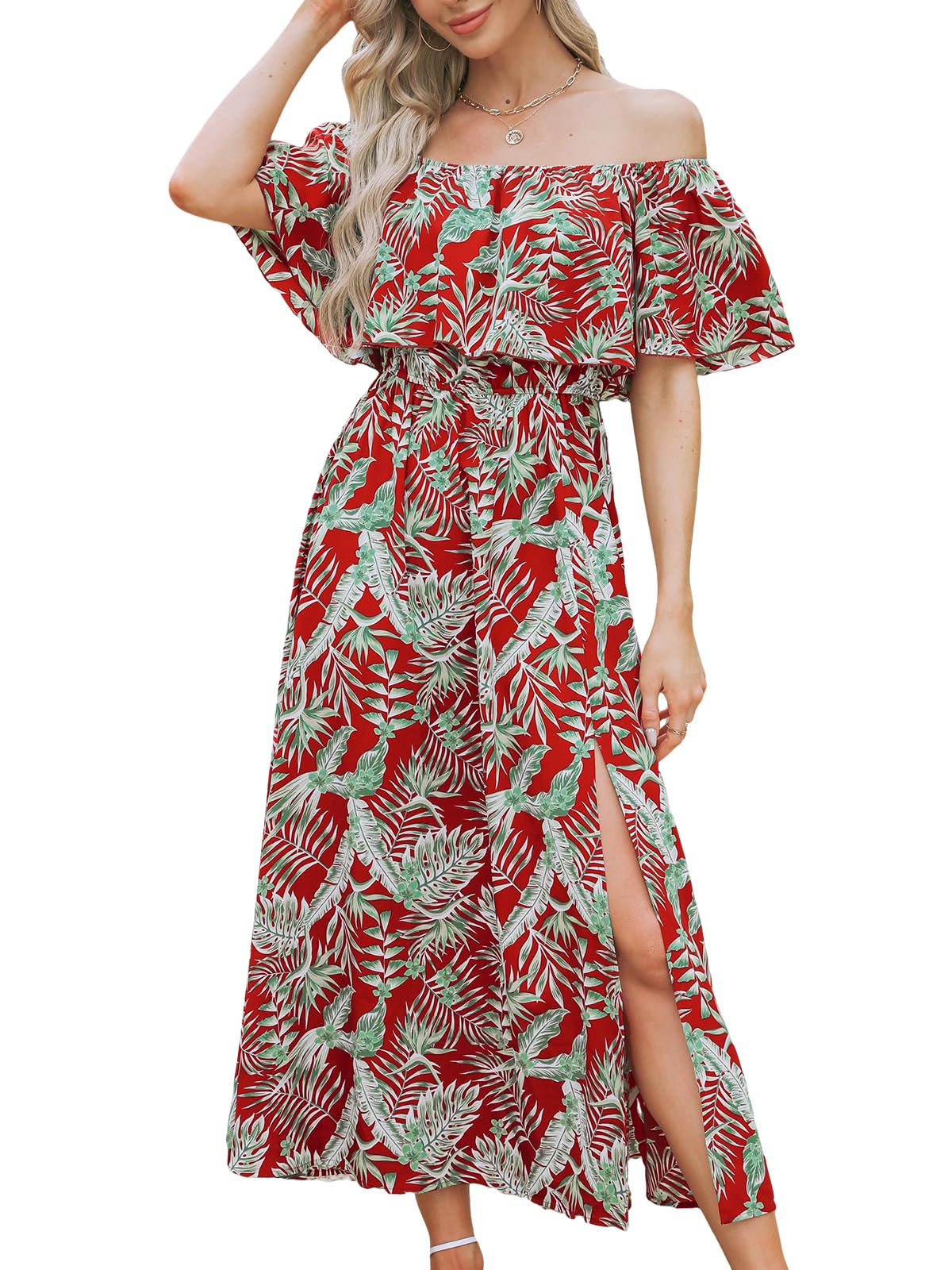 CUPSHE Vestidos de verano para mujer, acampanados, hombros descubiertos, con volantes, vestido largo con estampado tropical
