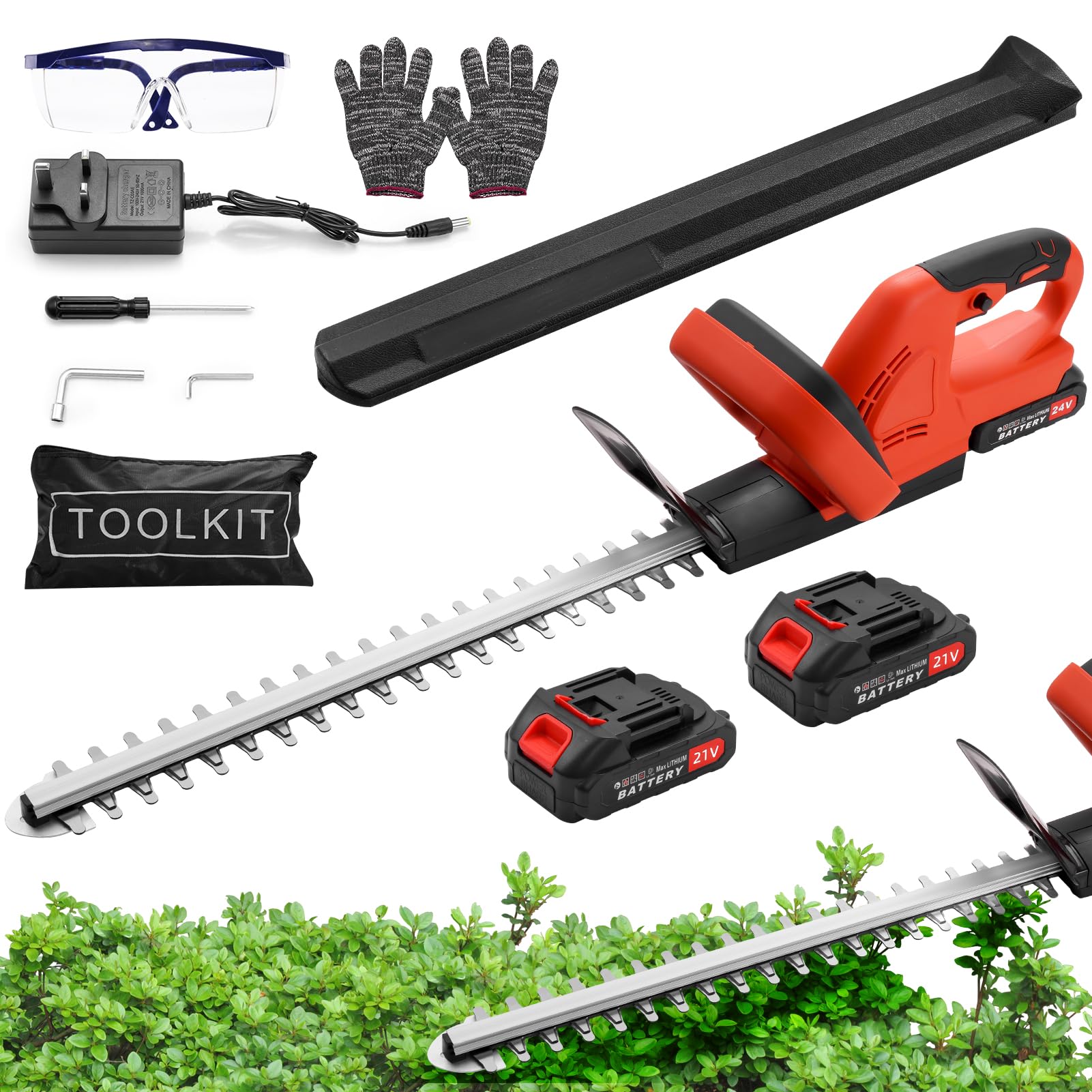 Cortasetos profesional con batería, 51 cm de longitud de corte, incluye guantes, funda protectora y batería de 21 V de 3,0 Ah con cargador, grosor de corte de 15 mm, cuchillas de corte dual, mango